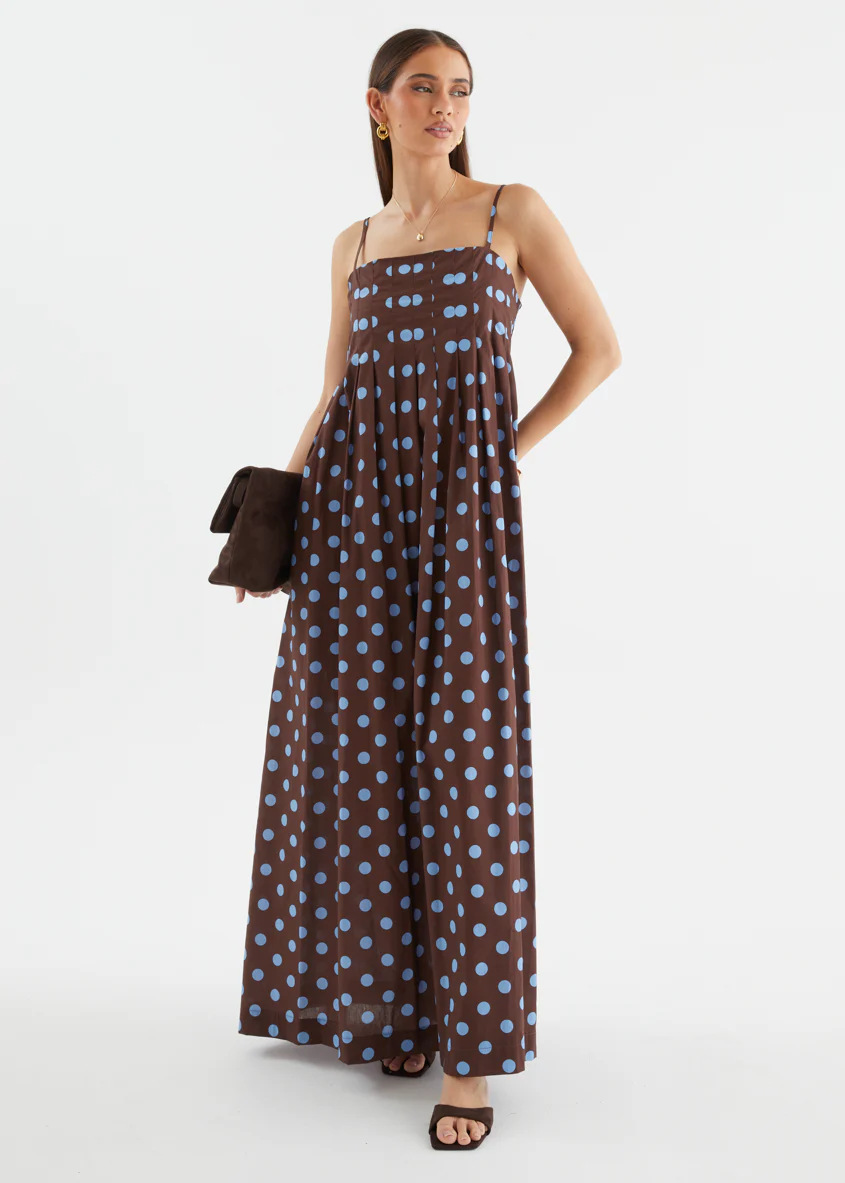Brown Polka Dot Strapless Maxi Dress
