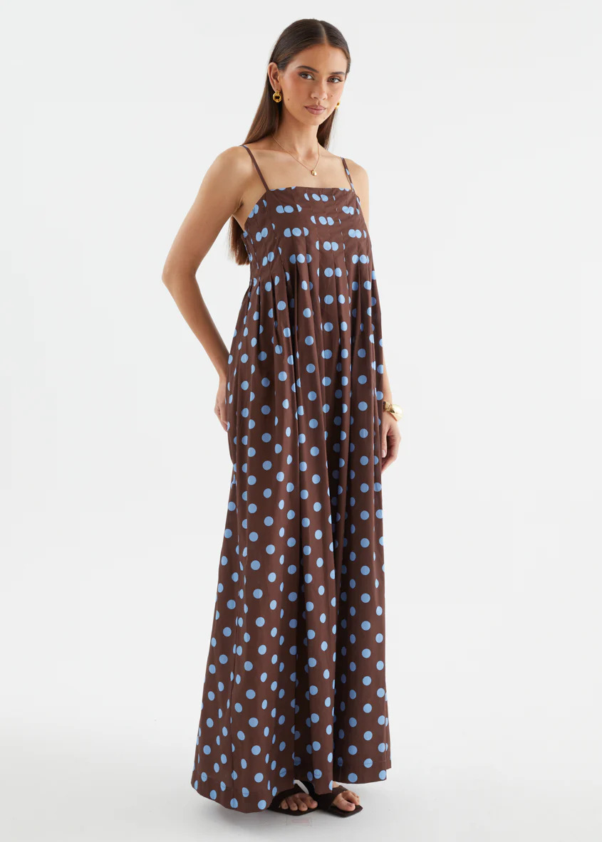 Brown Polka Dot Strapless Maxi Dress