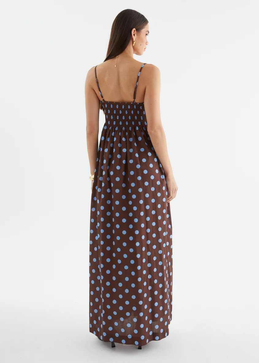 Brown Polka Dot Strapless Maxi Dress