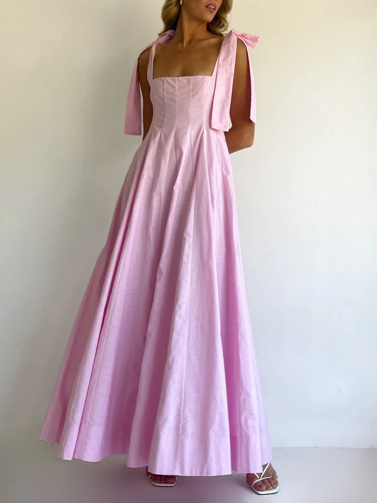 Pink A-Line Maxi Dress with Tie Straps