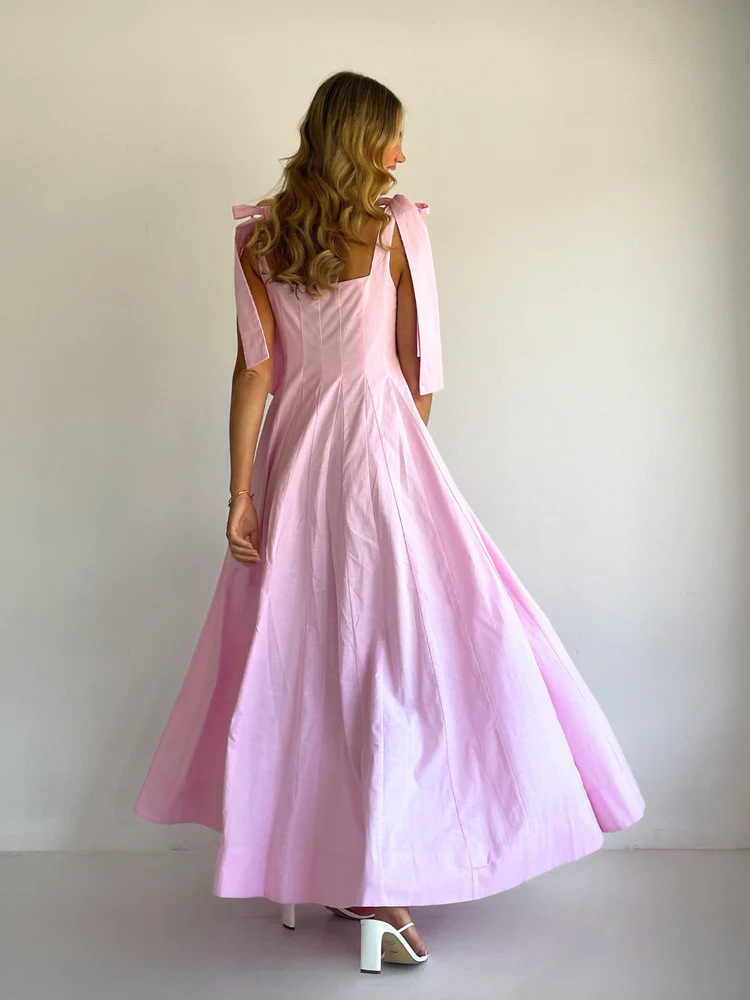 Pink A-Line Maxi Dress with Tie Straps