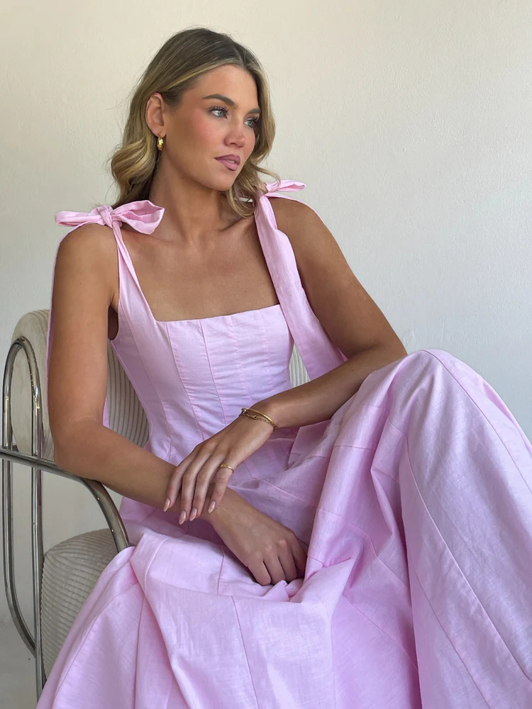 Pink A-Line Maxi Dress with Tie Straps