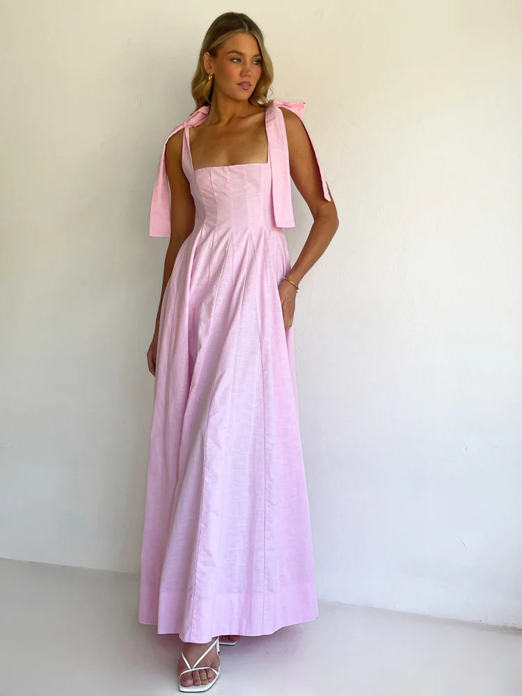 Pink A-Line Maxi Dress with Tie Straps