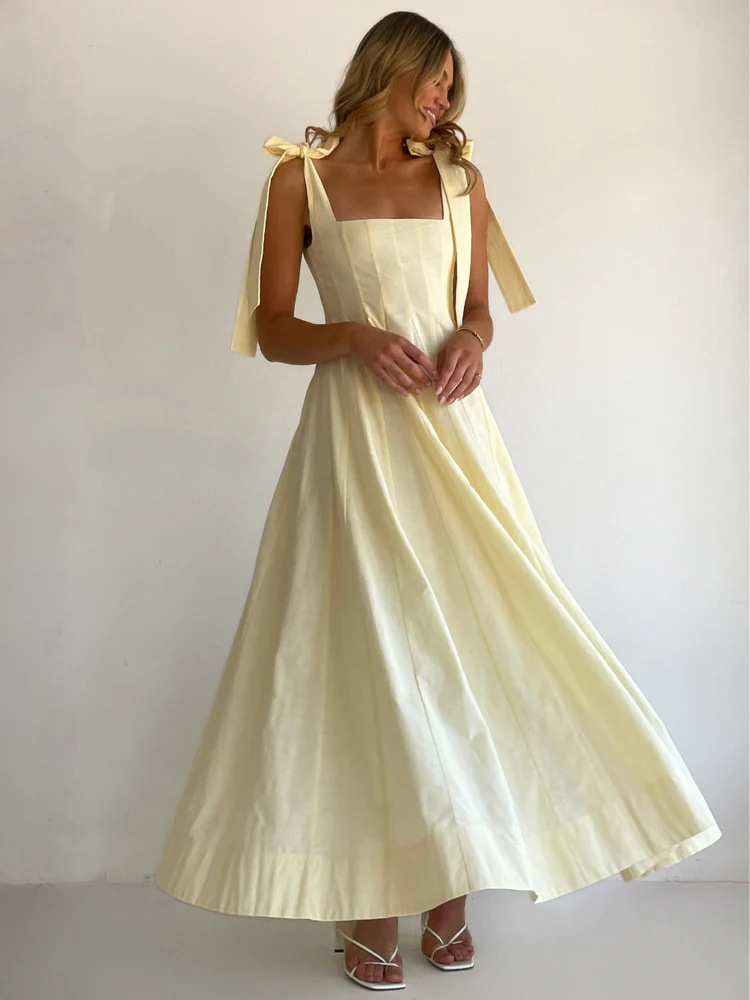Yellow A-Line Maxi Dress with Tie Straps