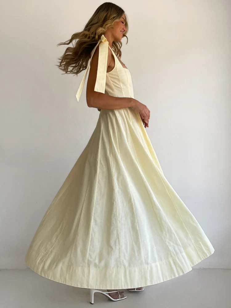 Yellow A-Line Maxi Dress with Tie Straps
