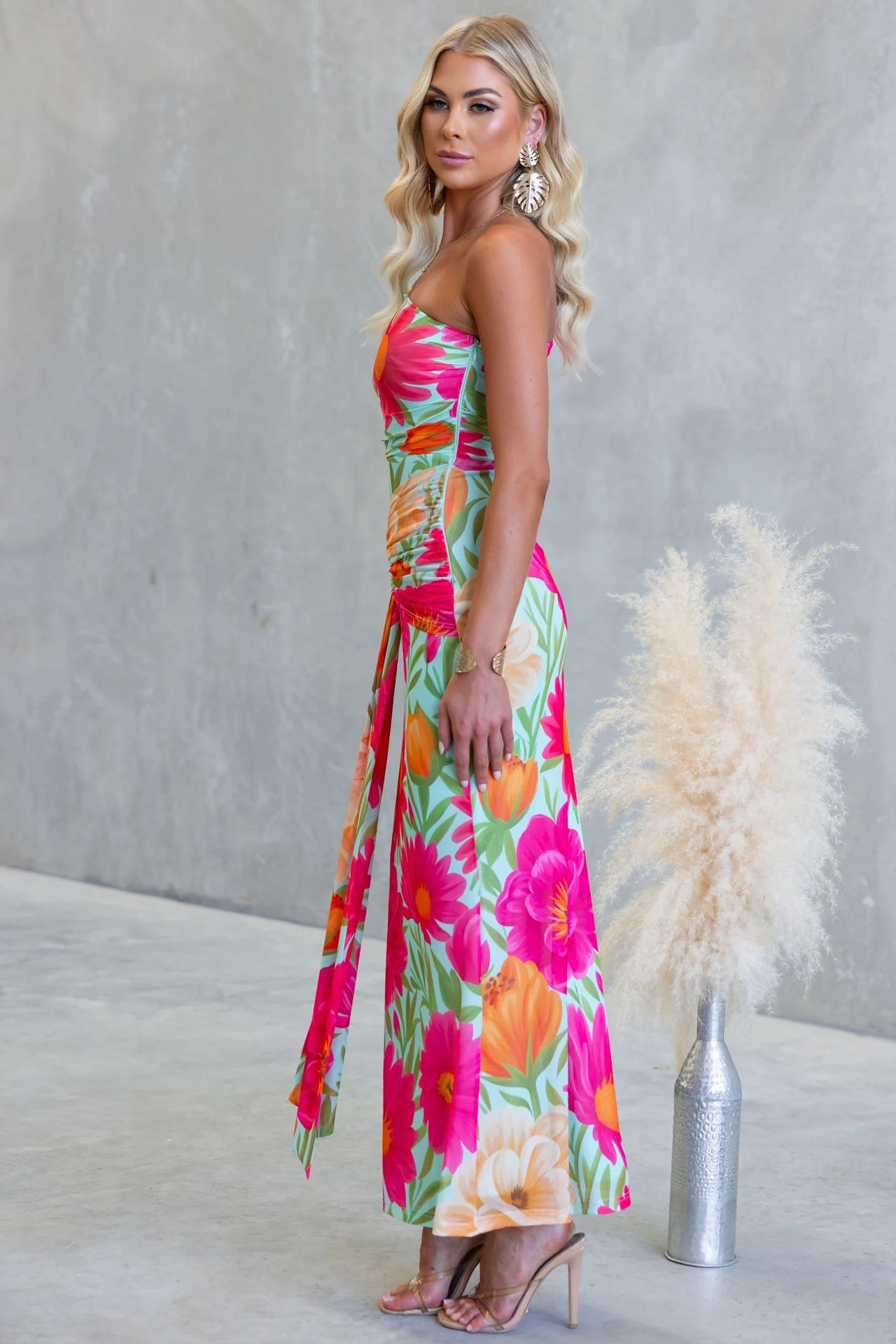 Floral One-Shoulder Ankle-Length Sheath Dress