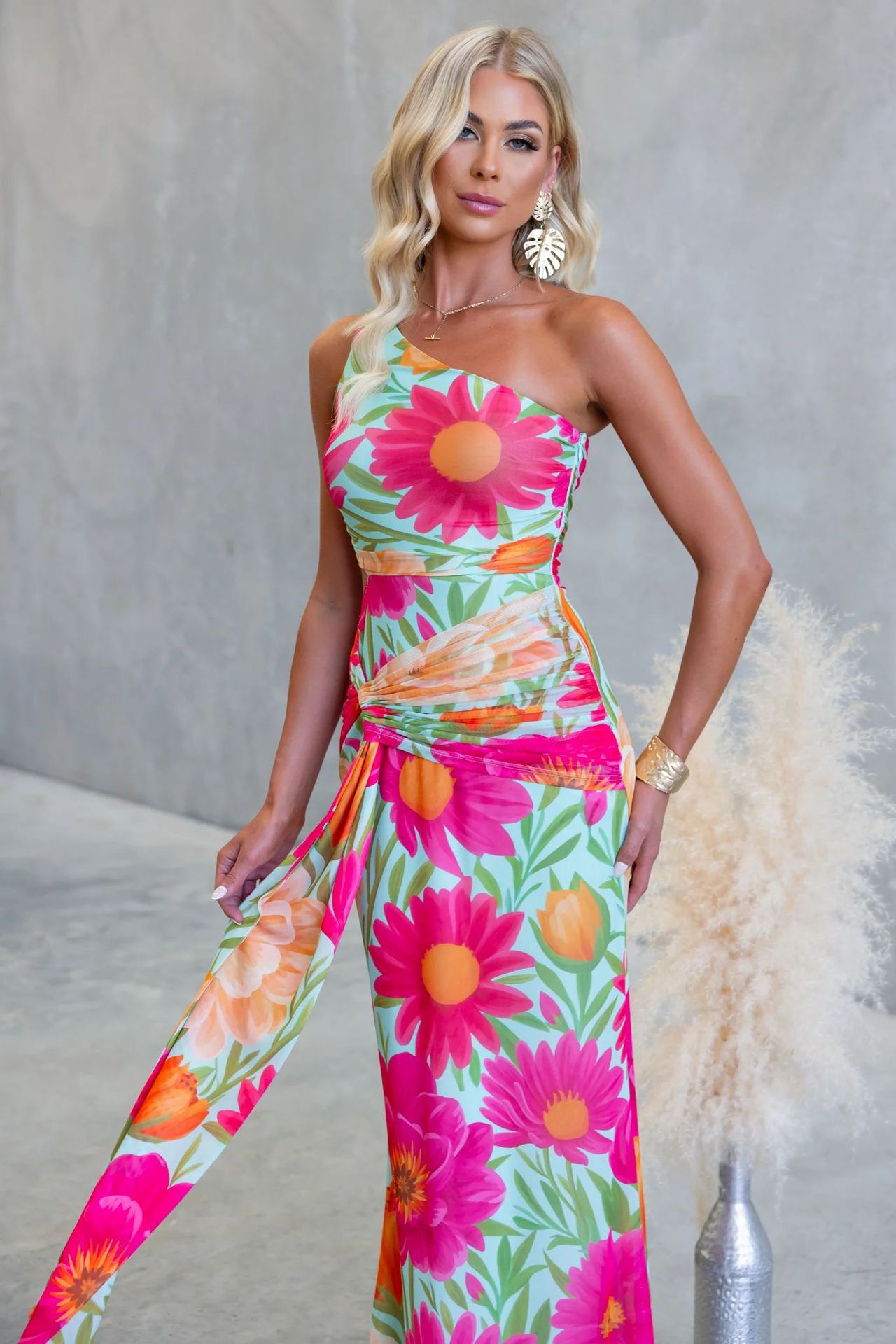 Floral One-Shoulder Ankle-Length Sheath Dress