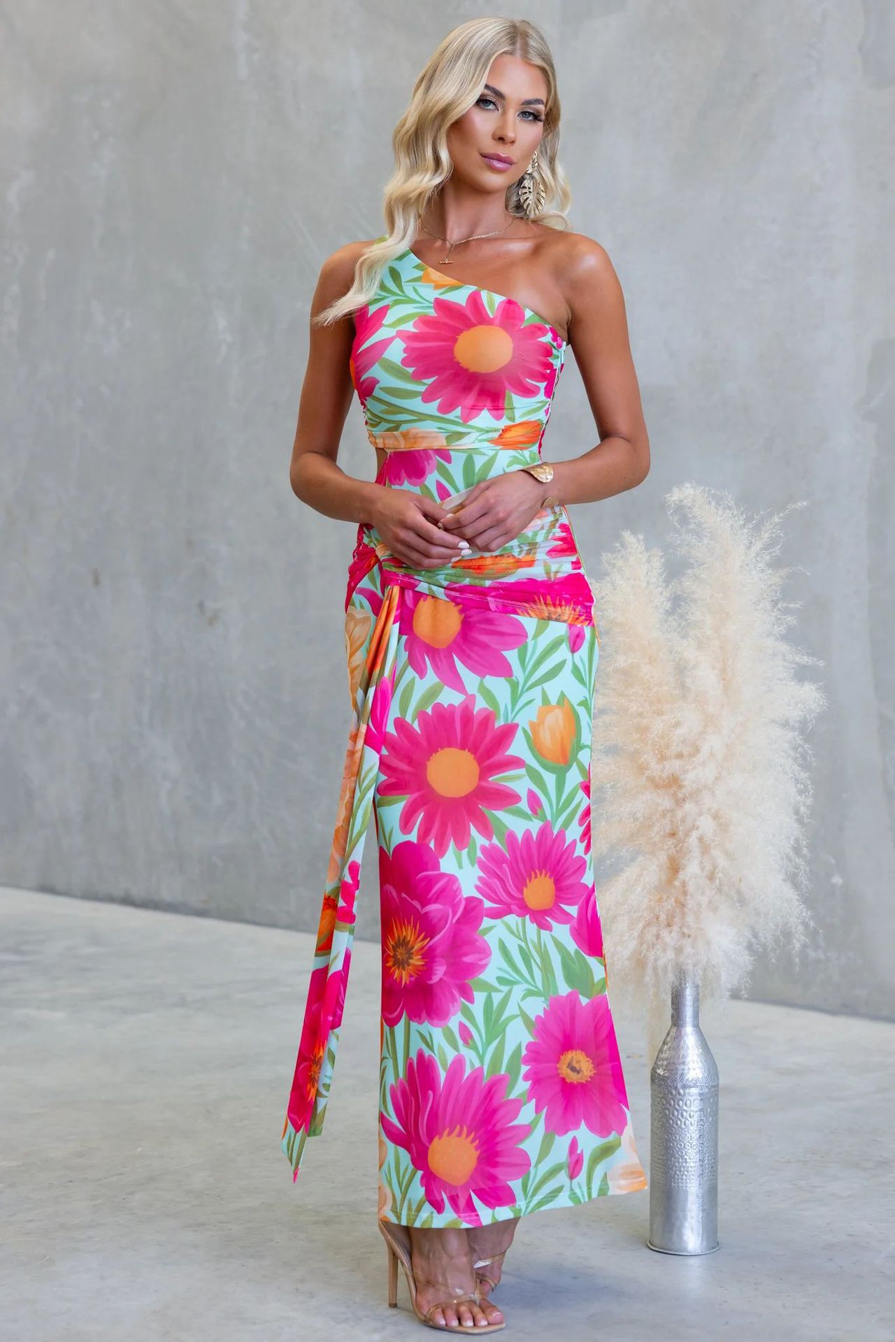 Floral One-Shoulder Ankle-Length Sheath Dress