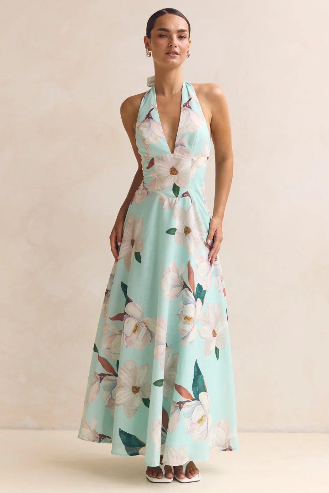 Floral A-Line Ankle Length Halter Dress