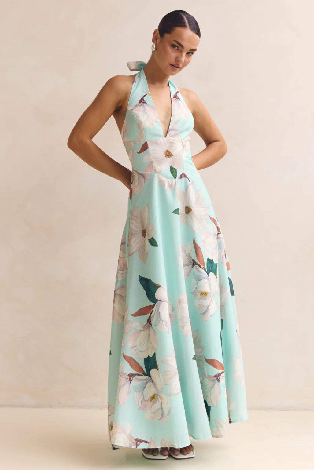 Floral A-Line Ankle Length Halter Dress