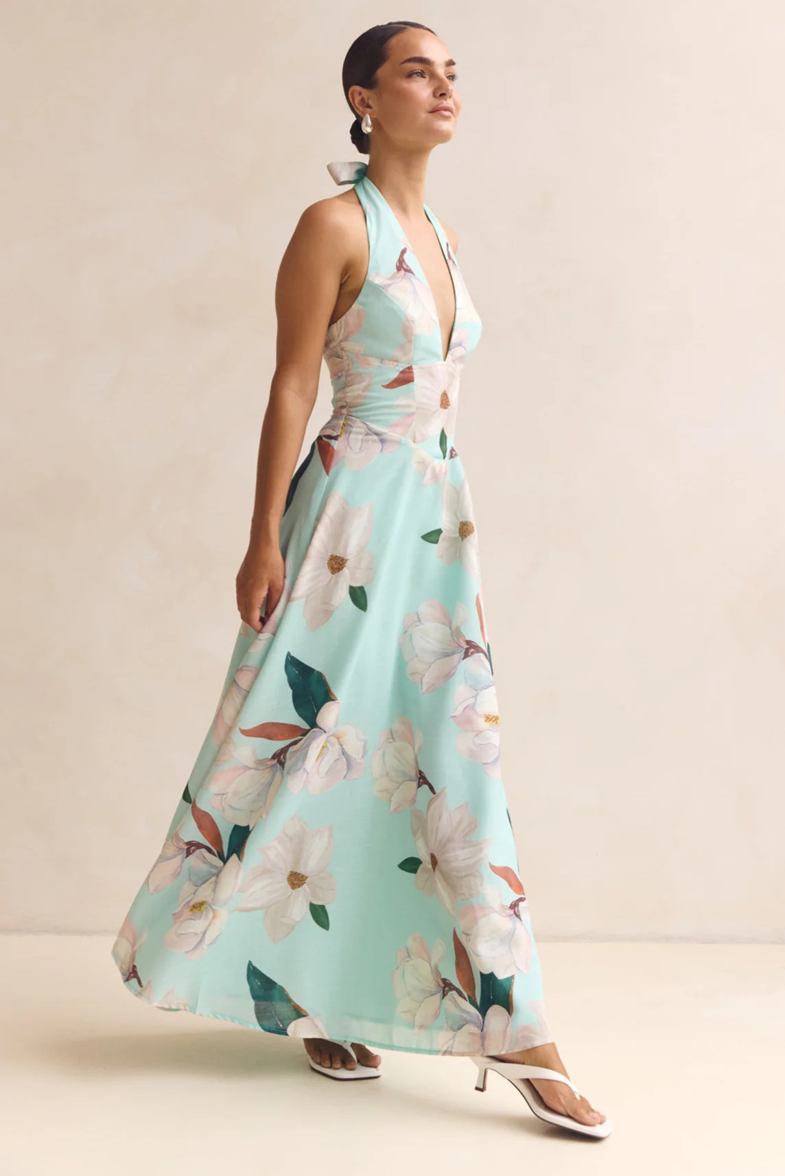 Floral A-Line Ankle Length Halter Dress