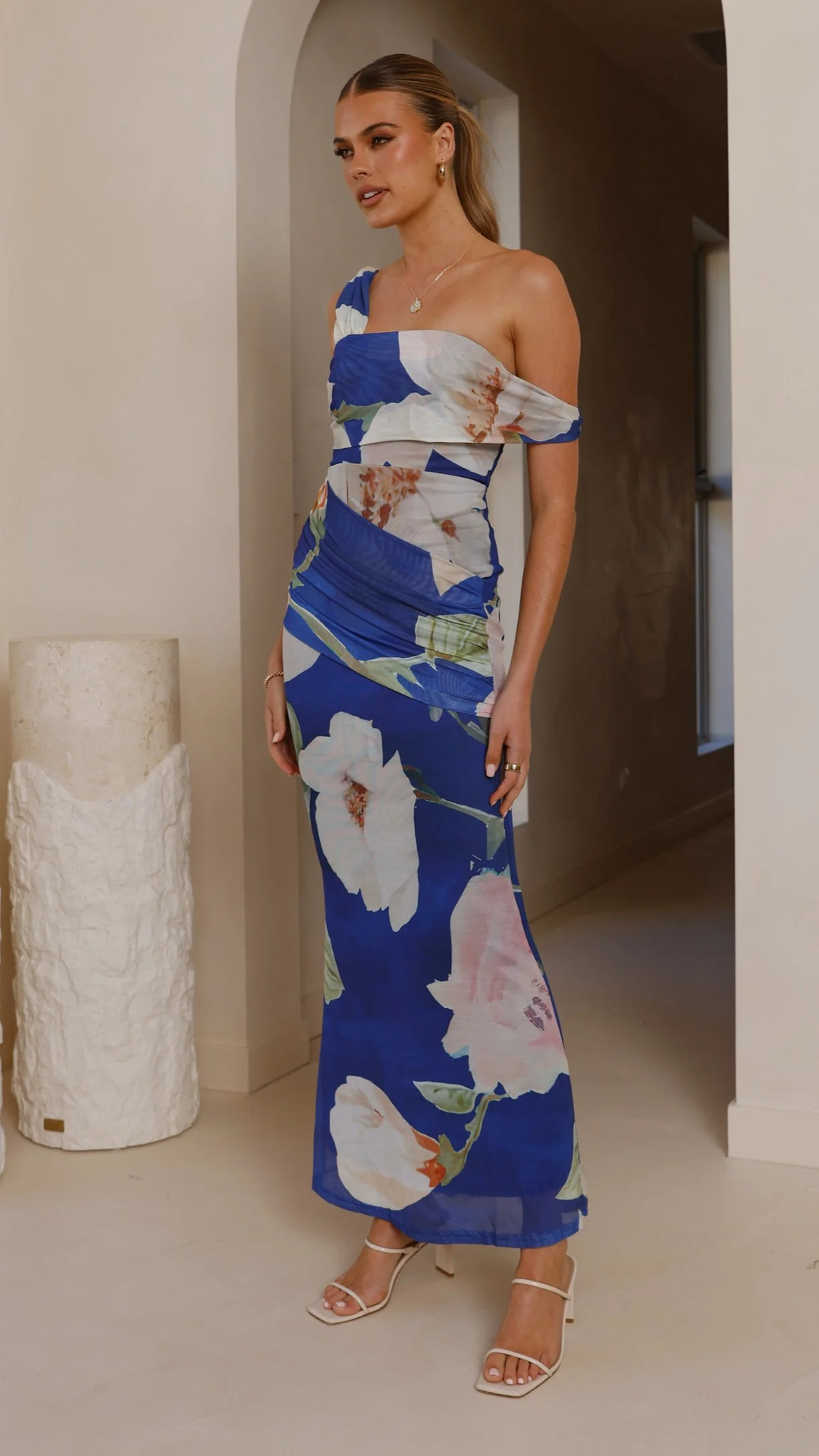 Floral Print One-Shoulder Sheath Maxi Dress