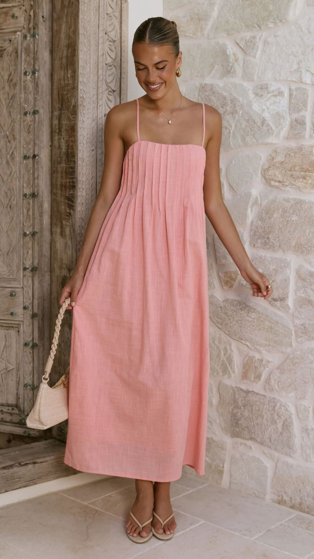 Peach Sleeveless Ankle-Length Shift Dress