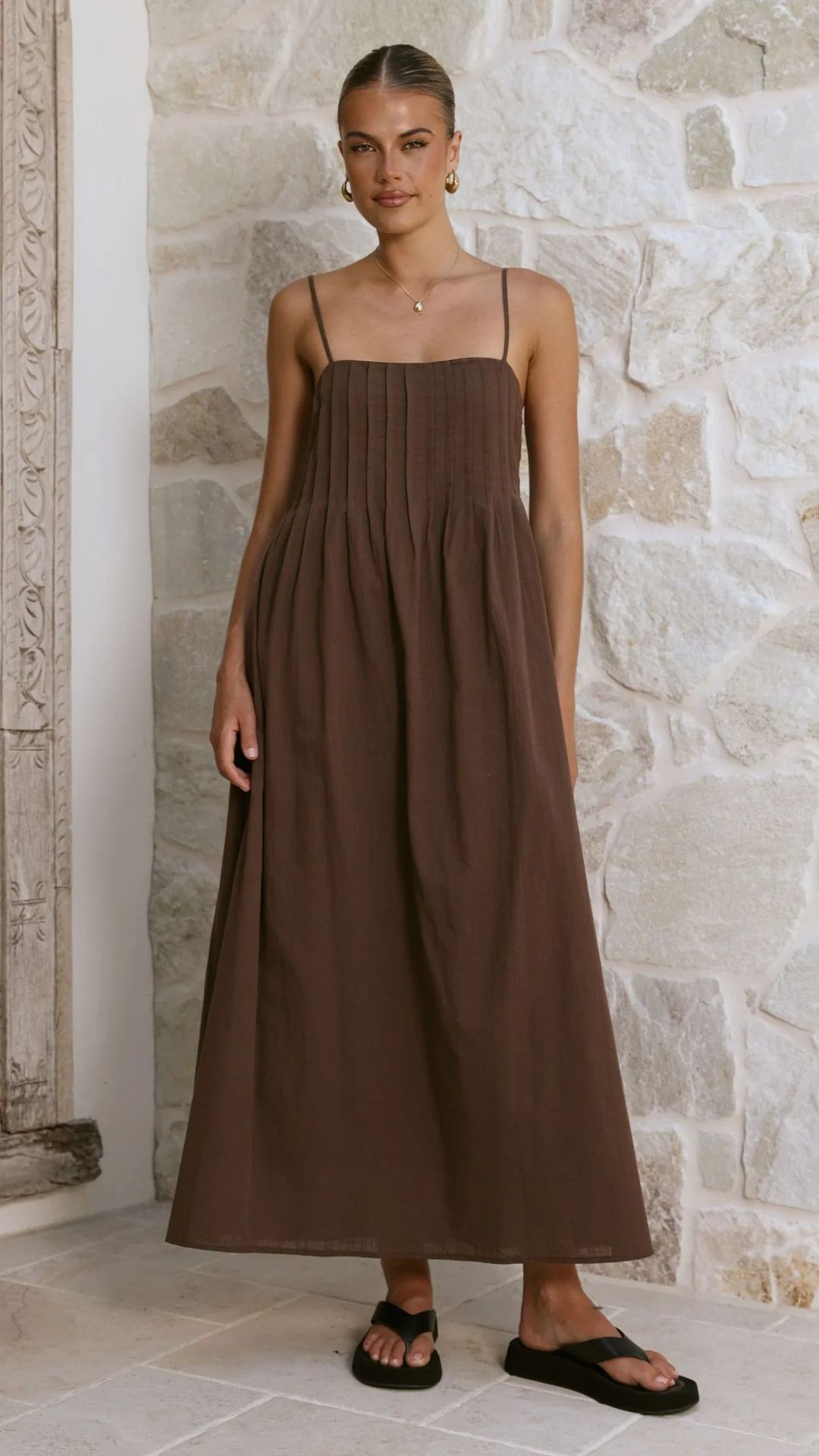 Brown Sleeveless Ankle-Length Shift Dress