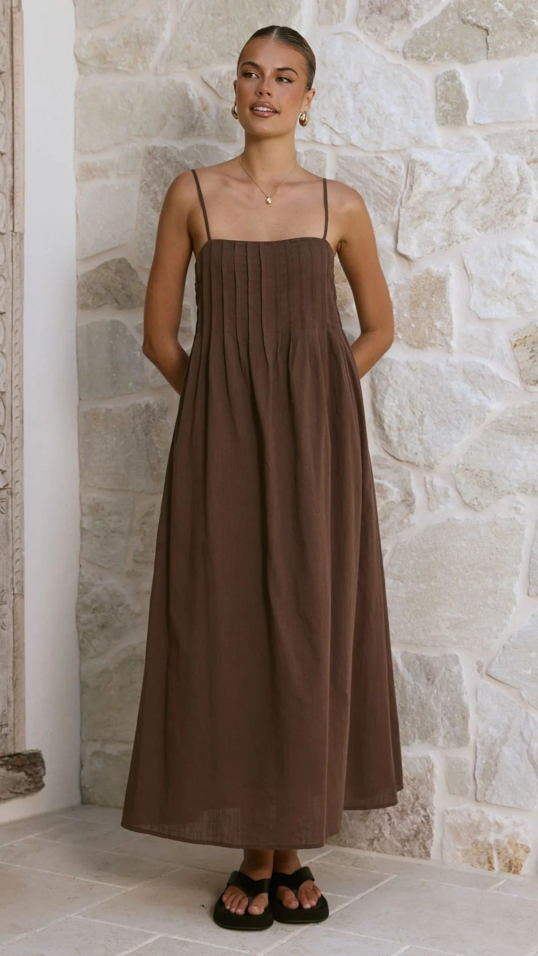 Brown Sleeveless Ankle-Length Shift Dress