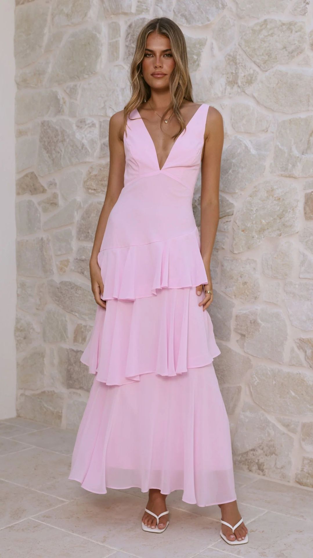 Pink Tiered Ankle-Length Sleeveless Dress