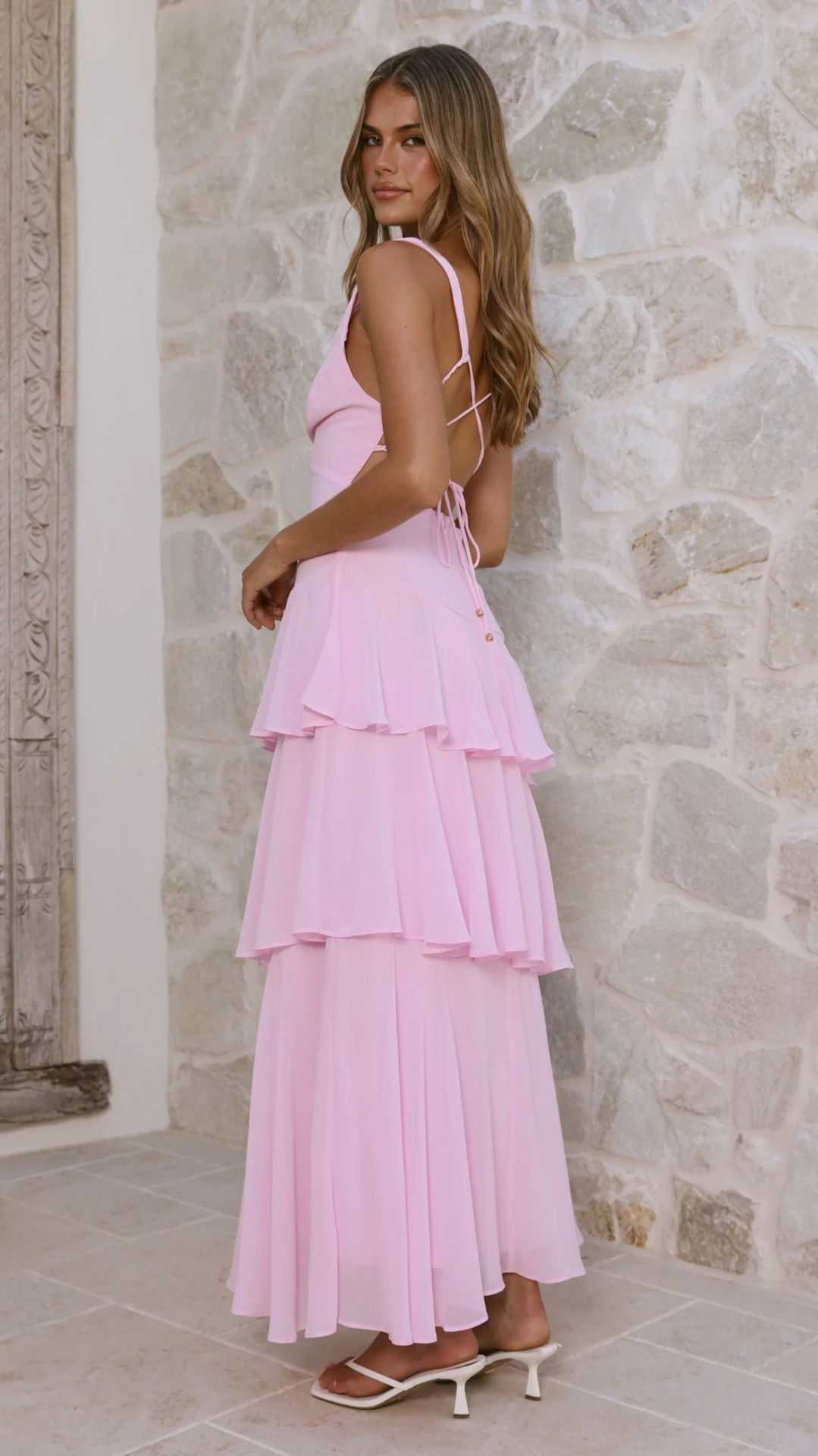 Pink Tiered Ankle-Length Sleeveless Dress