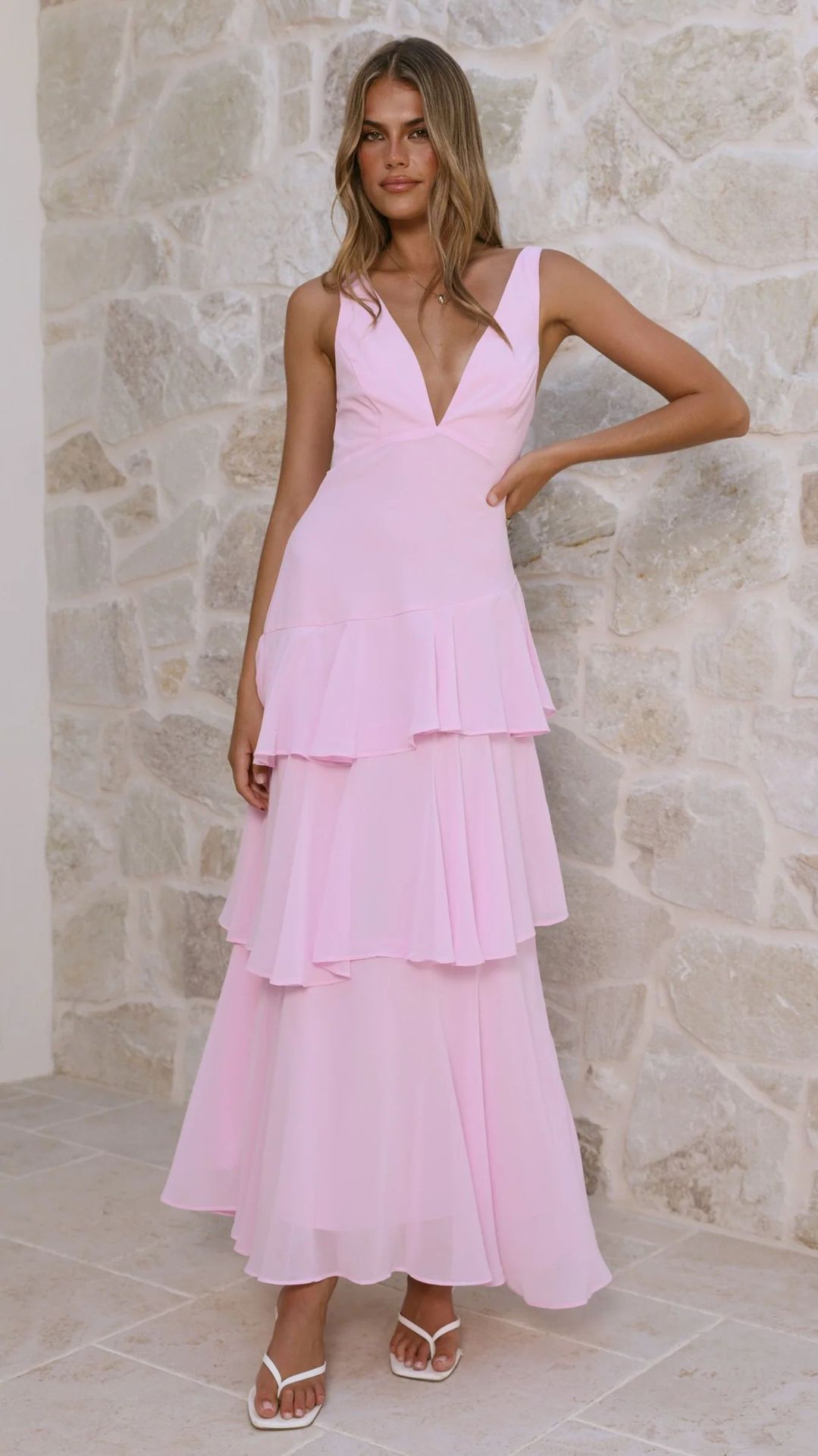 Pink Tiered Ankle-Length Sleeveless Dress