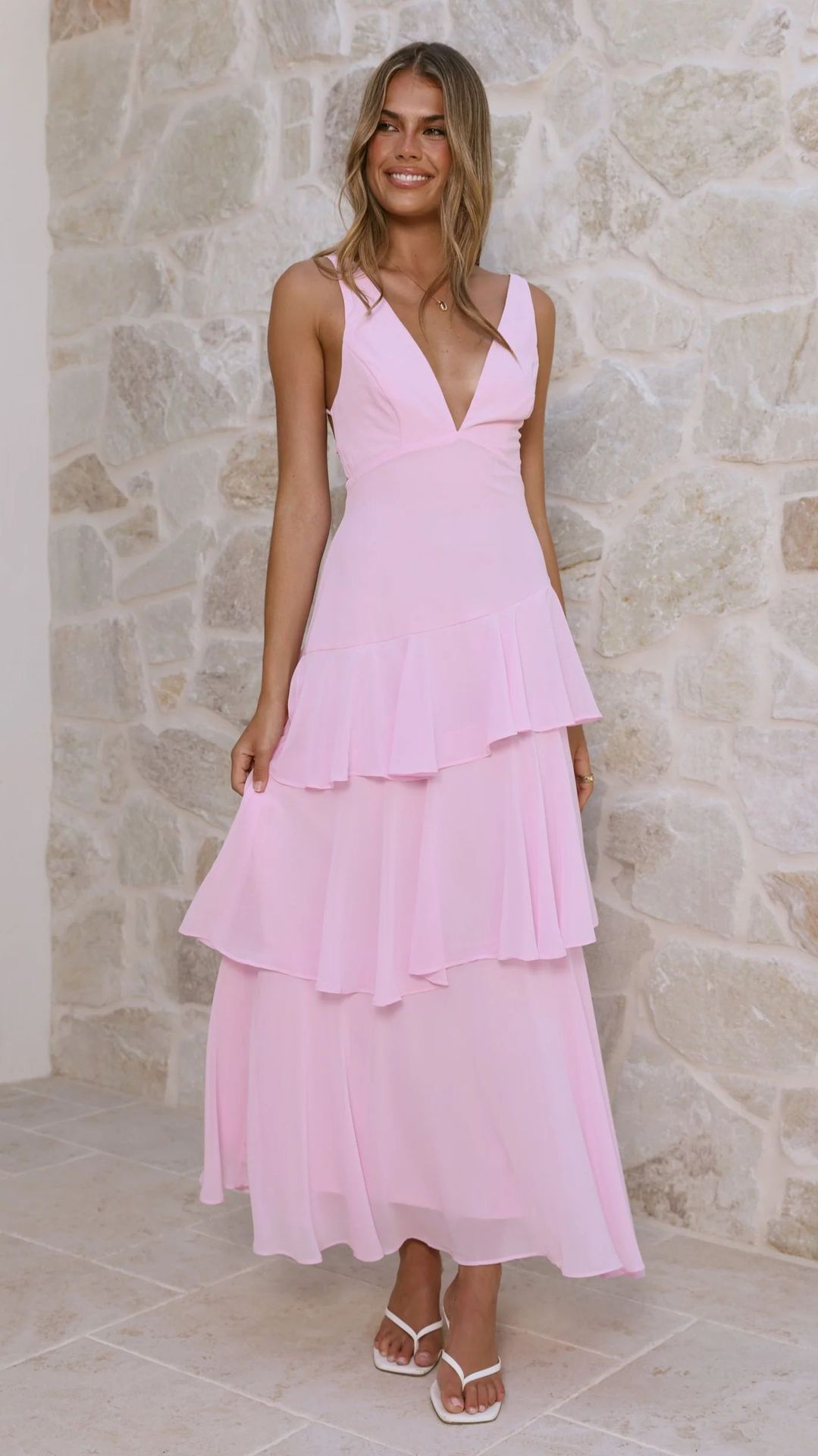 Pink Tiered Ankle-Length Sleeveless Dress
