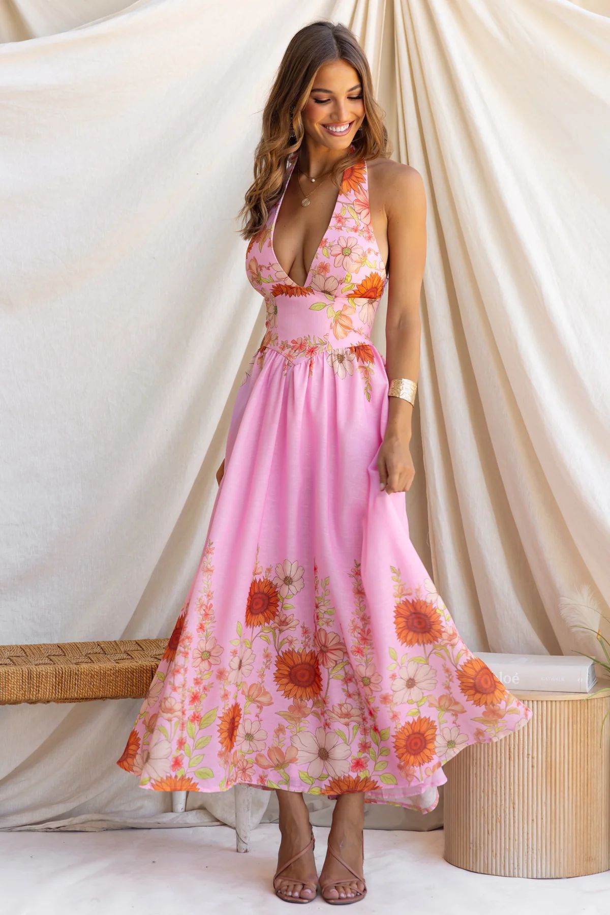 Pink Floral Fit and Flare Sleeveless V-Neck Maxi Dress