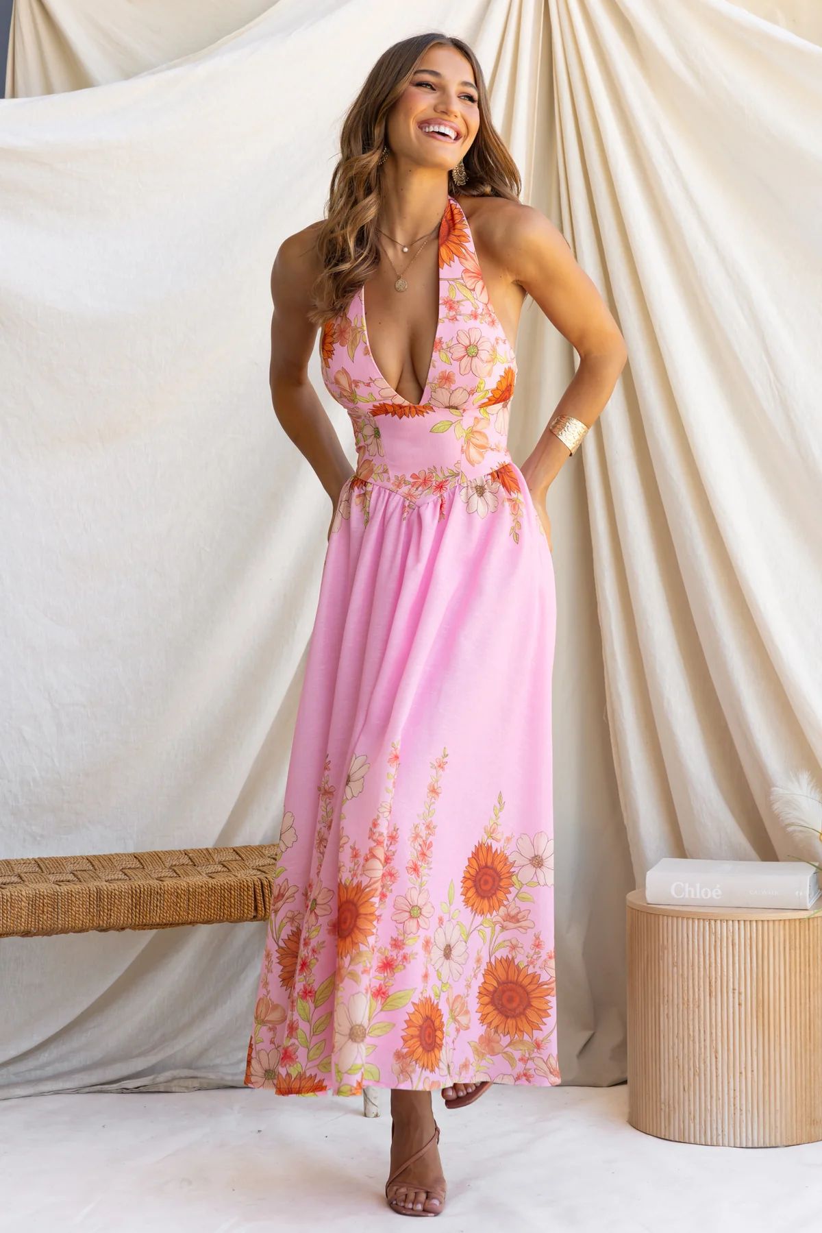 Pink Floral Fit and Flare Sleeveless V-Neck Maxi Dress