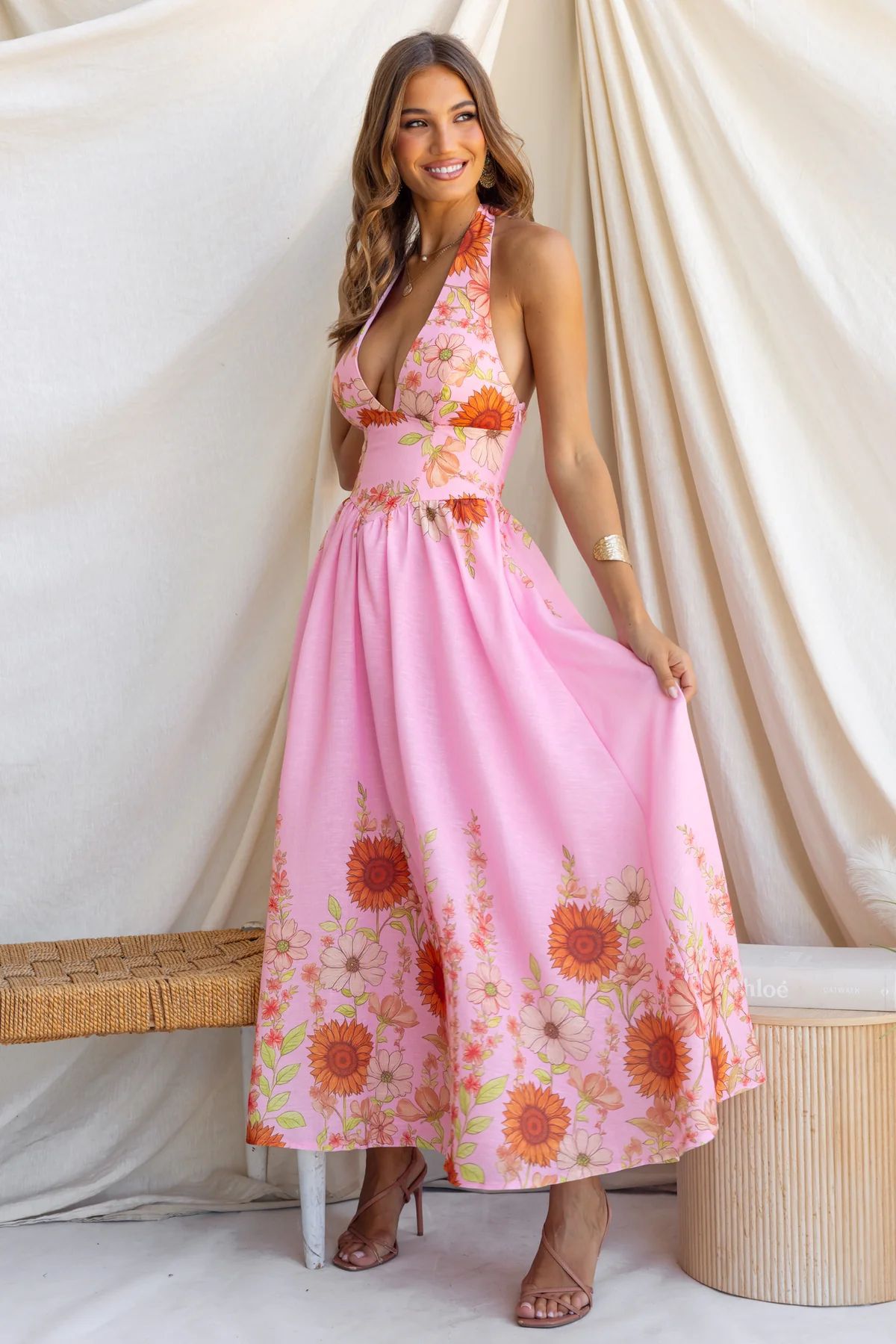 Pink Floral Fit and Flare Sleeveless V-Neck Maxi Dress