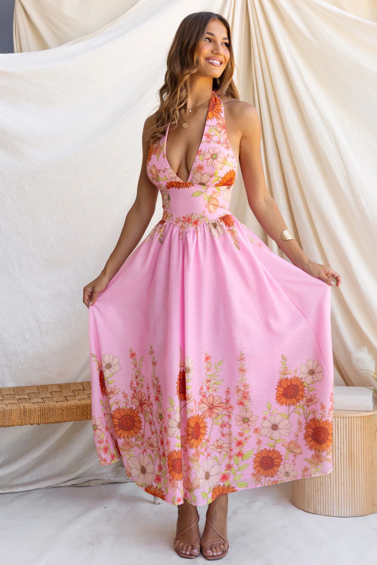 Pink Floral Fit and Flare Sleeveless V-Neck Maxi Dress