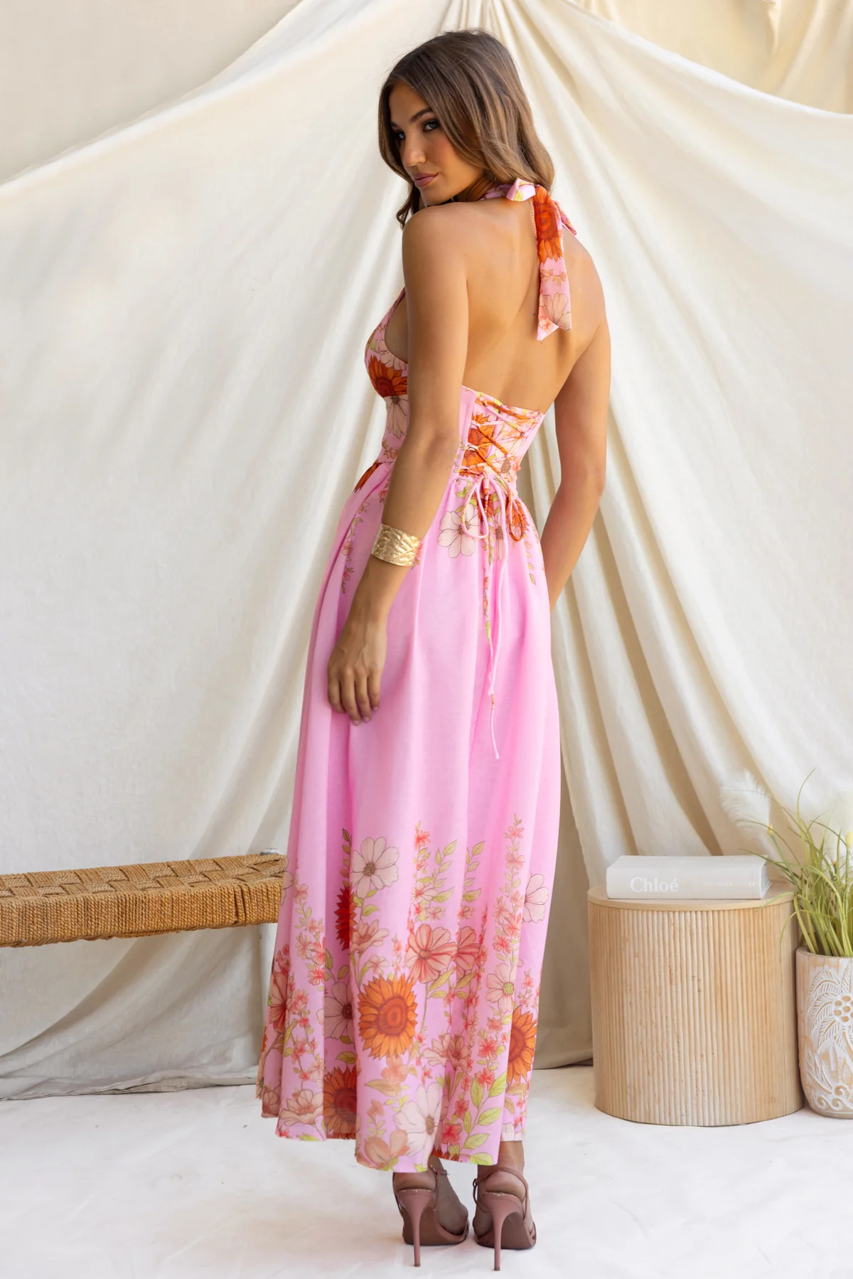 Pink Floral Fit and Flare Sleeveless V-Neck Maxi Dress