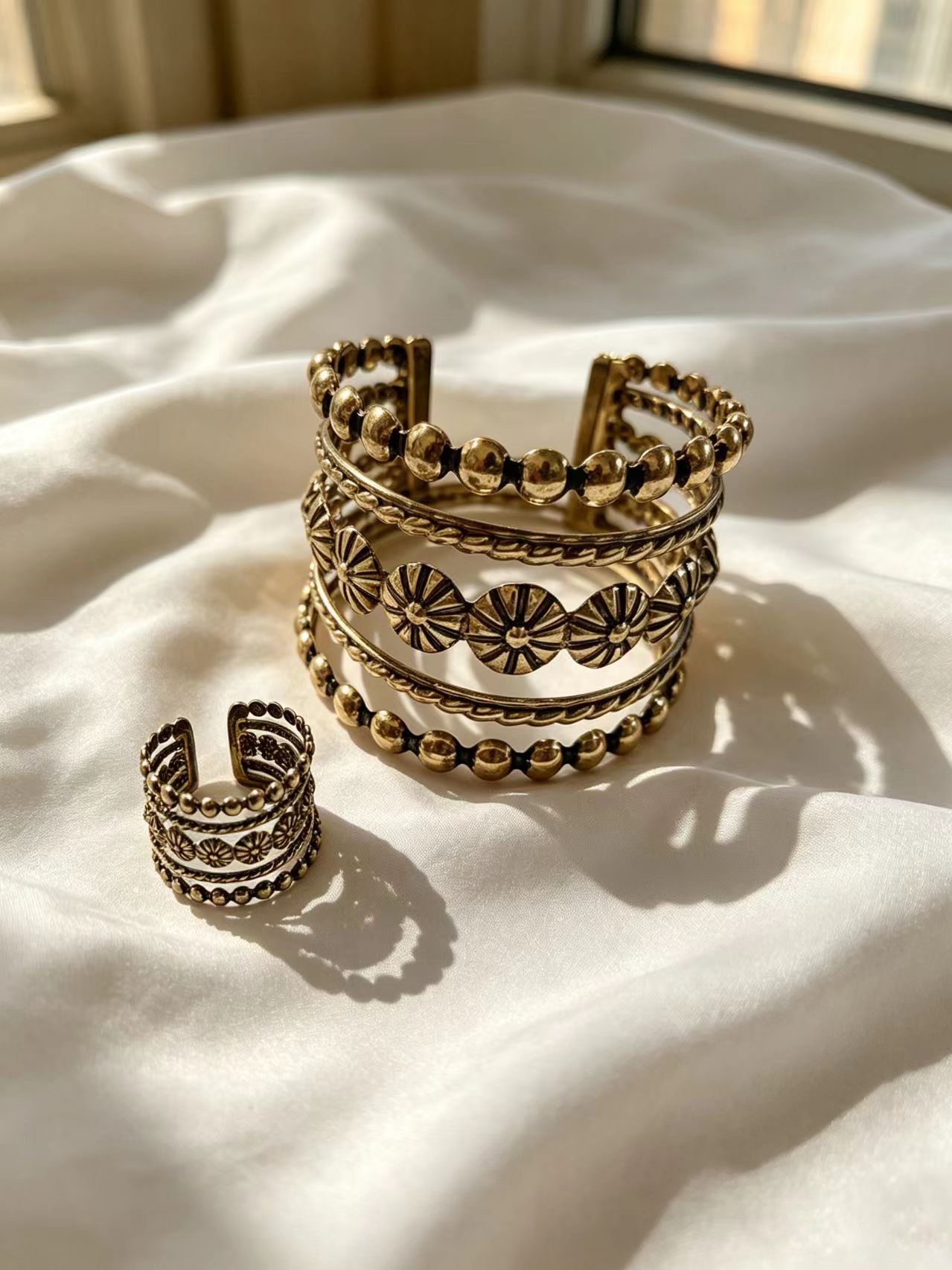 Set of 2 Gold Flower Cuff Bracelet