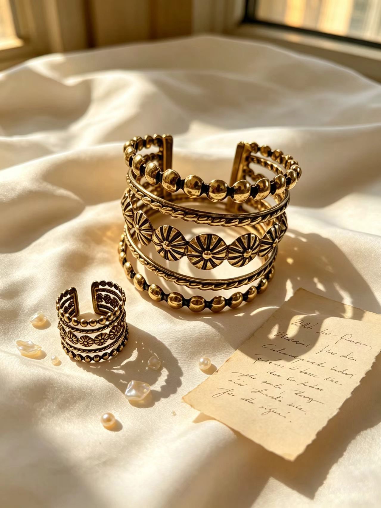 Set of 2 Gold Flower Cuff Bracelet