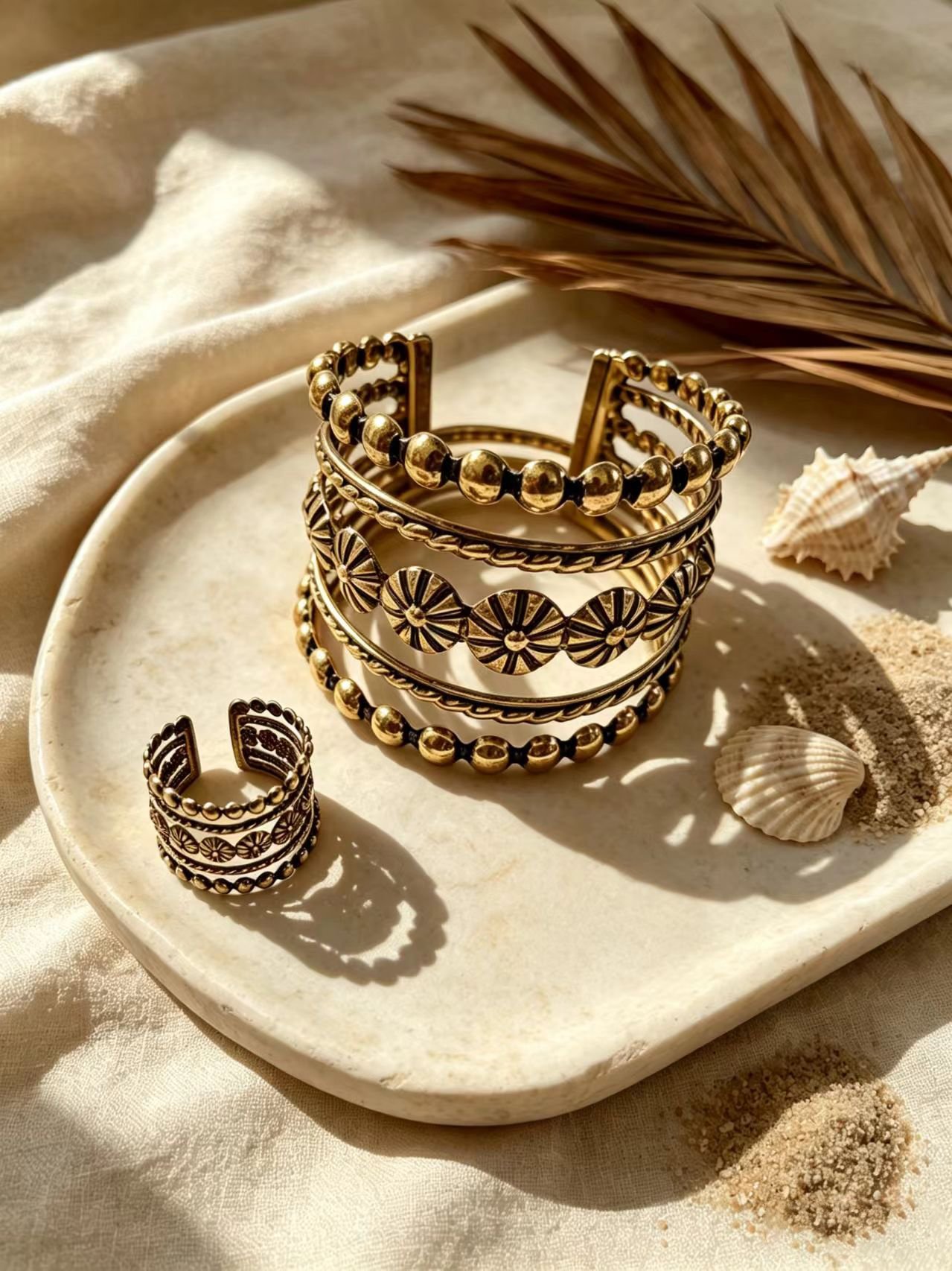 Set of 2 Gold Flower Cuff Bracelet