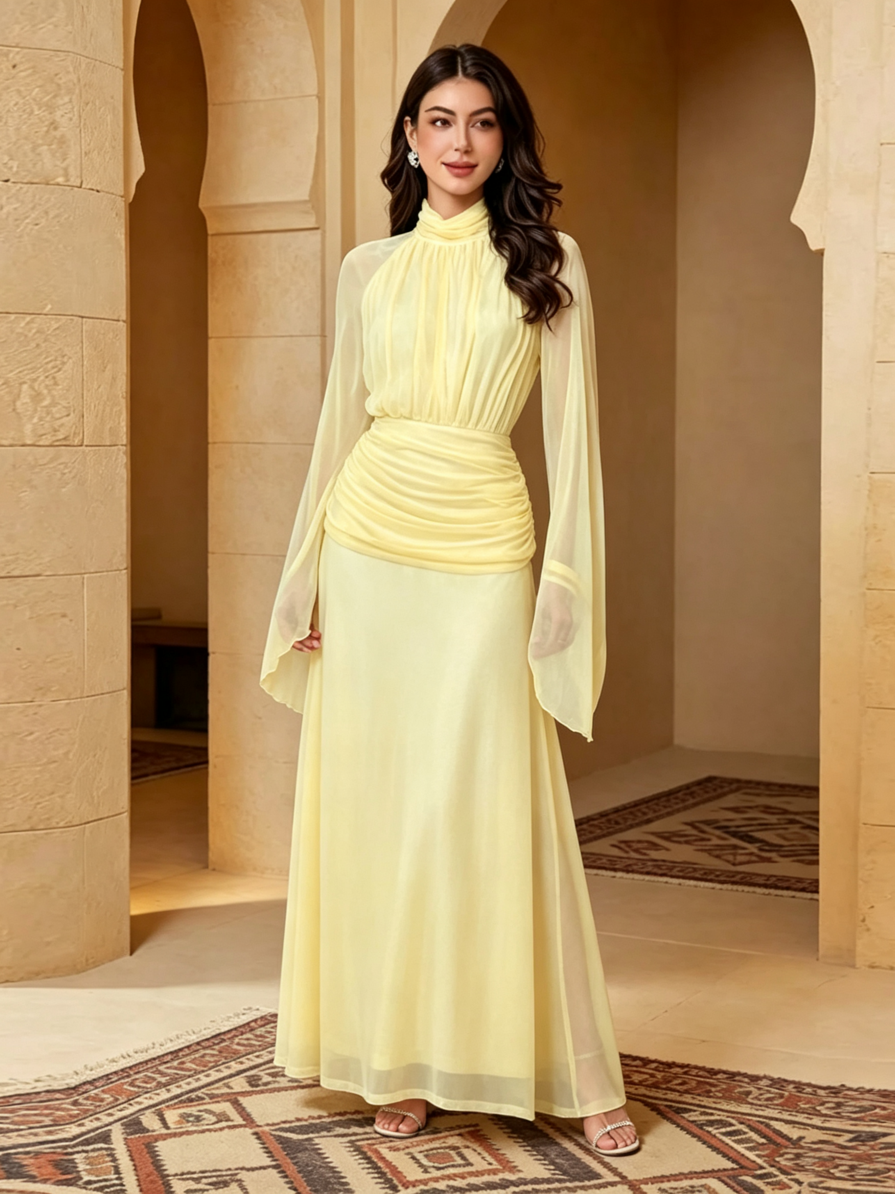 Yellow Solid Ruched Details Maxi Dress with Long Sleeves