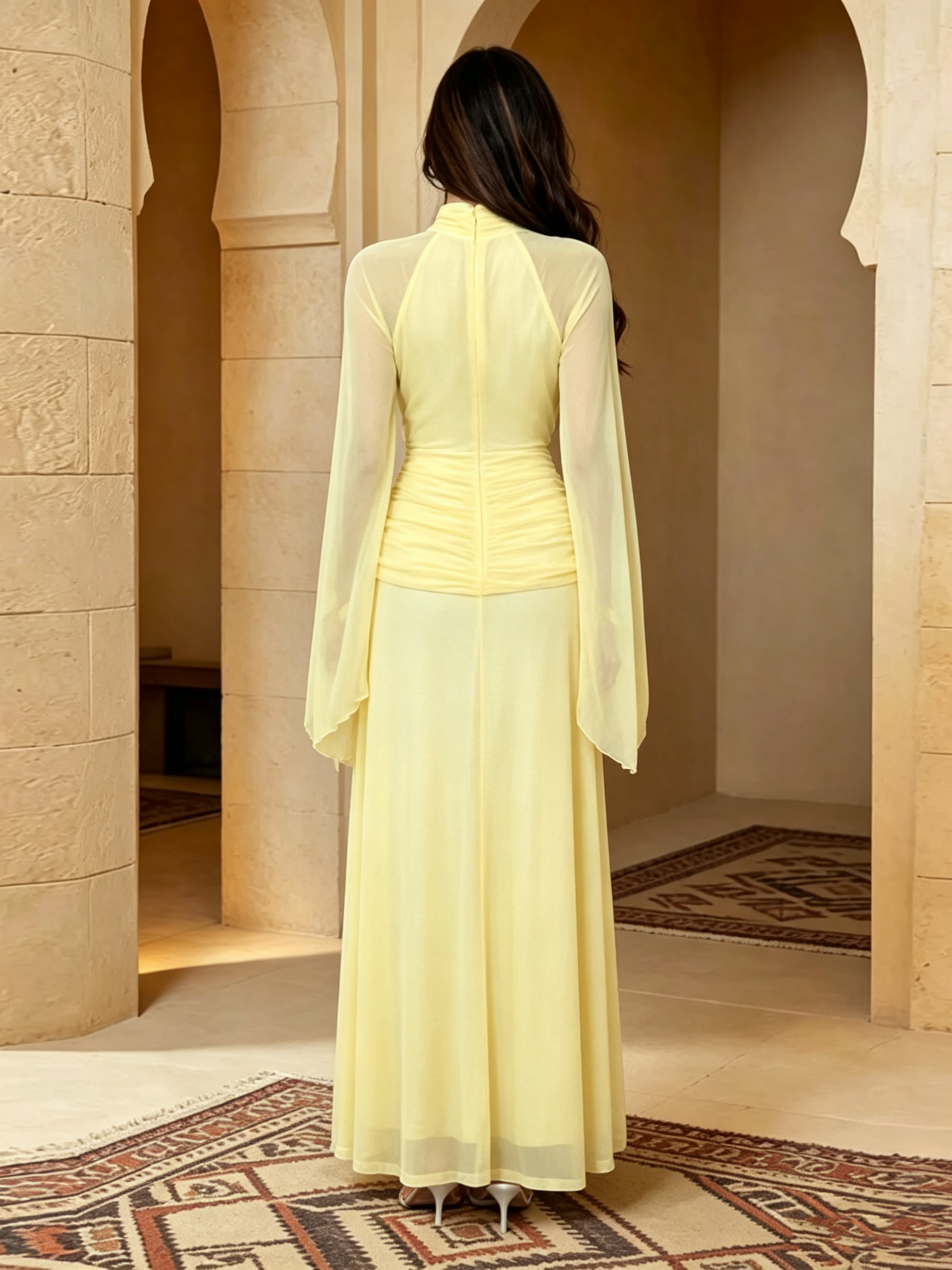 Yellow Solid Ruched Details Maxi Dress with Long Sleeves