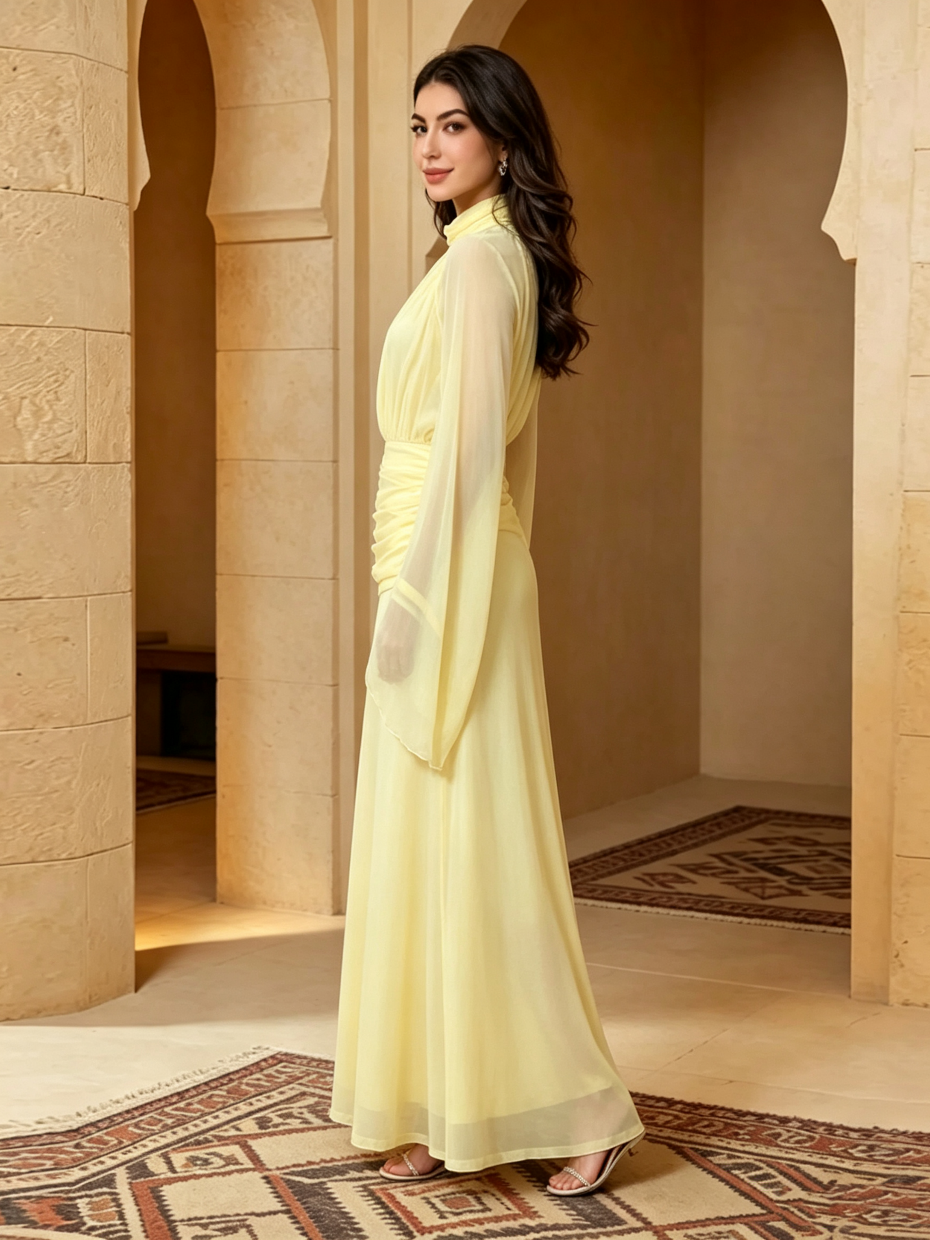 Yellow Solid Ruched Details Maxi Dress with Long Sleeves