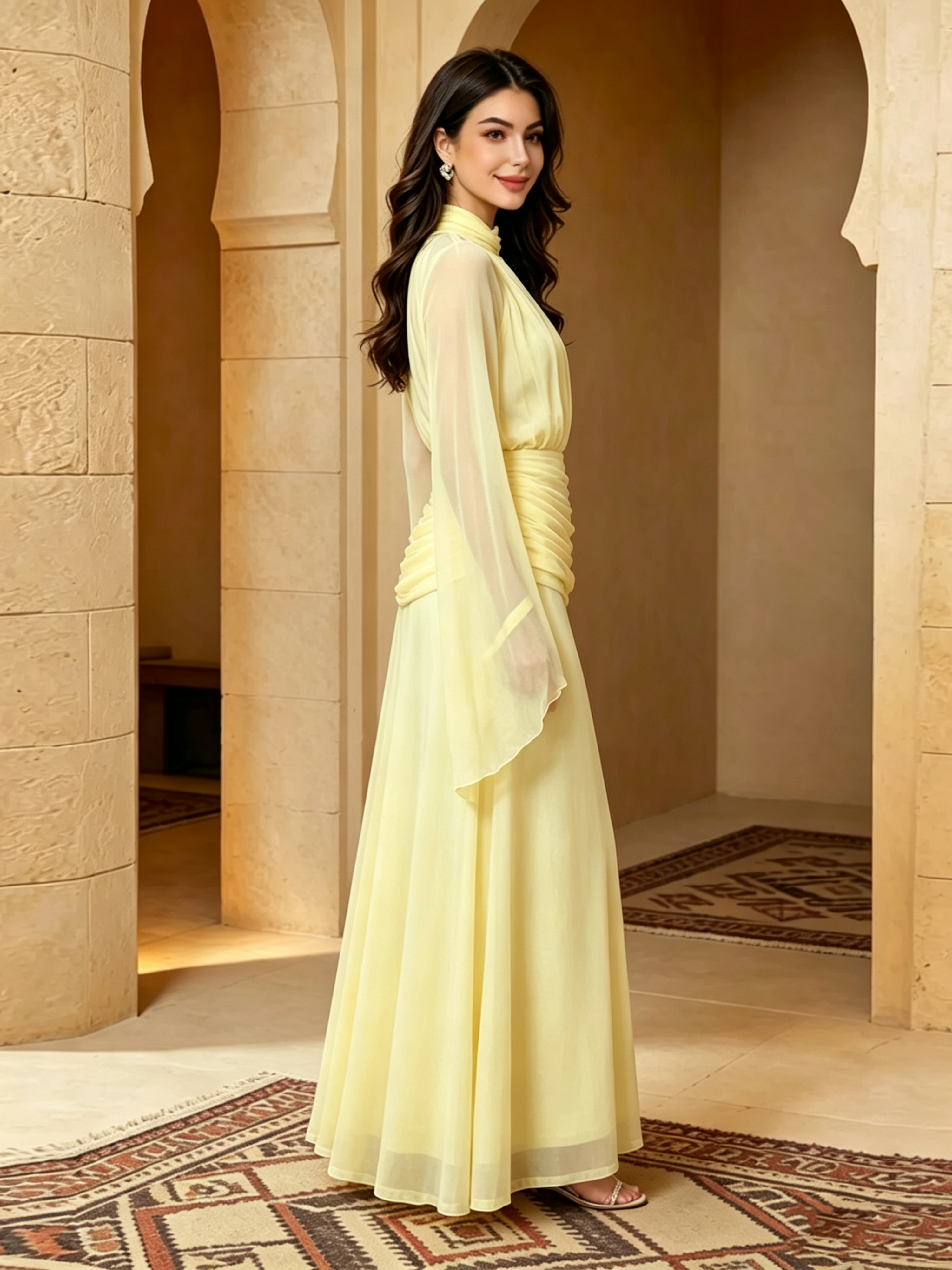Yellow Solid Ruched Details Maxi Dress with Long Sleeves