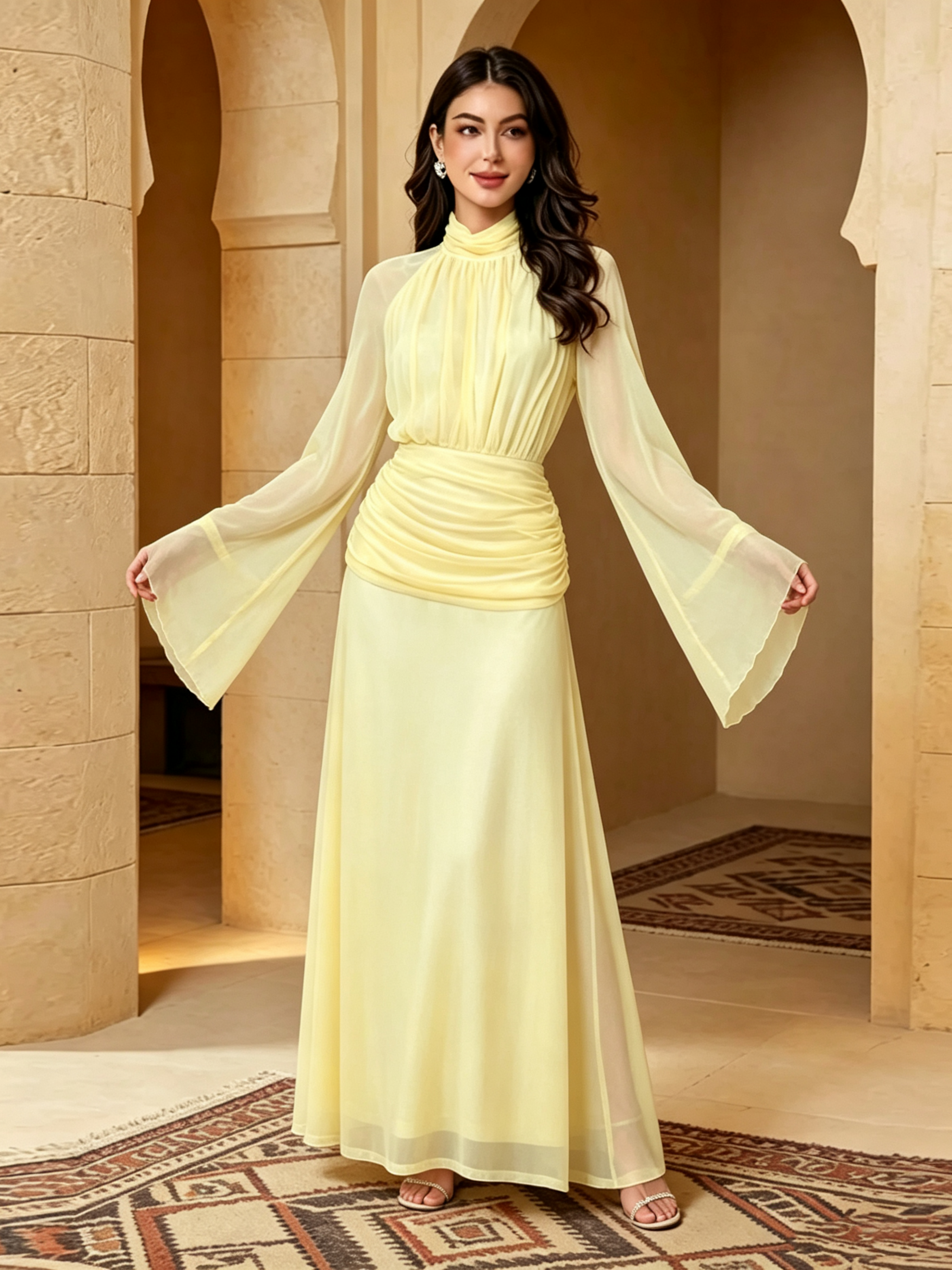 Yellow Solid Ruched Details Maxi Dress with Long Sleeves