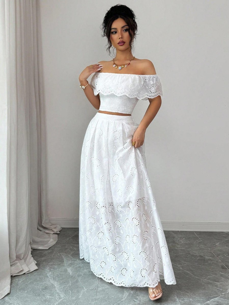 White Eyelet Off-Shoulder Crop Top and Maxi Skirt Set