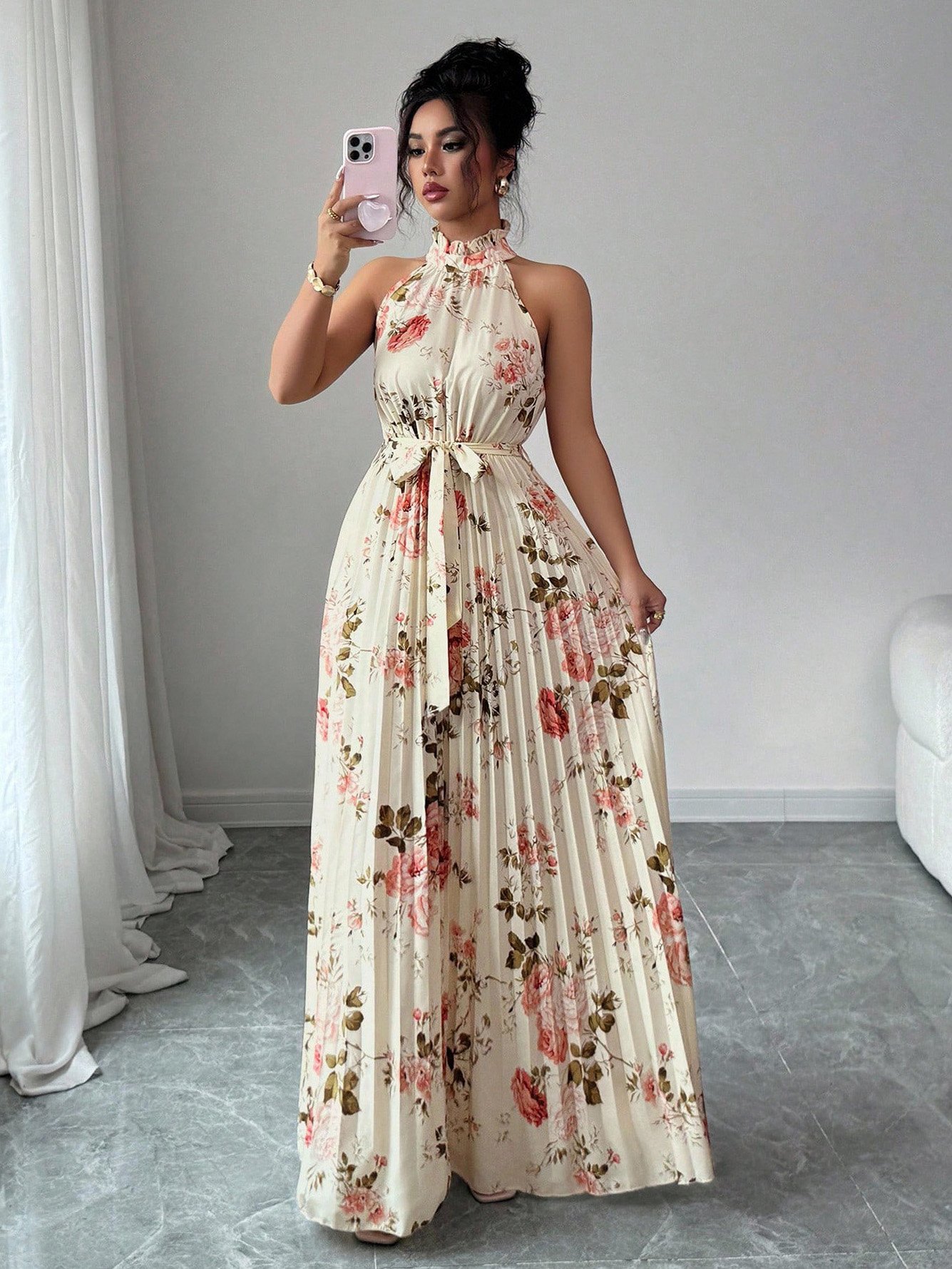 Beige Floral Halter Pleated Maxi Dress