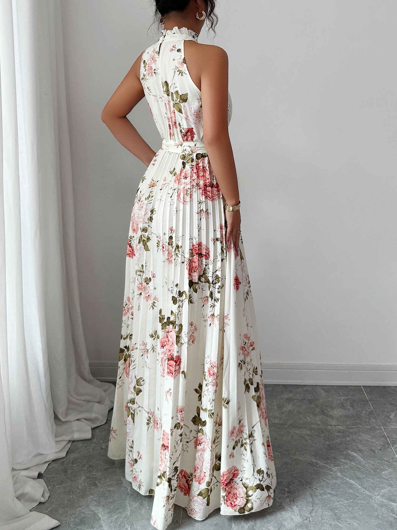 Beige Floral Halter Pleated Maxi Dress