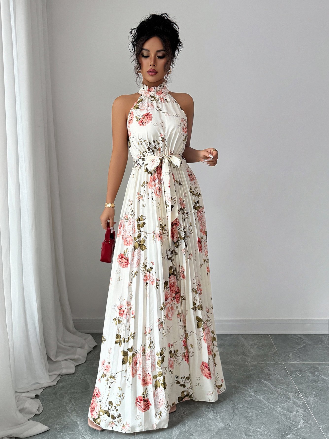 Beige Floral Halter Pleated Maxi Dress