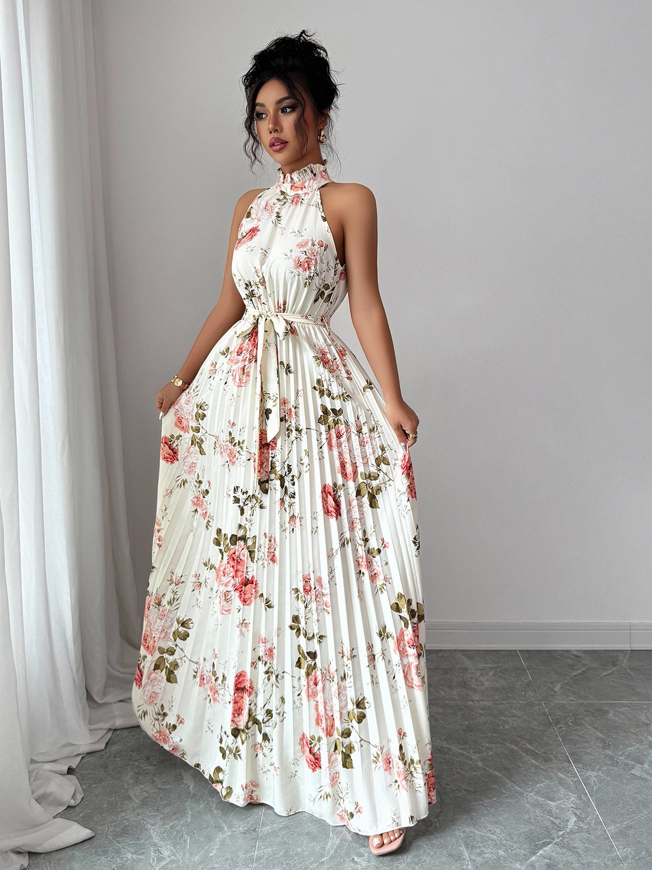 Beige Floral Halter Pleated Maxi Dress