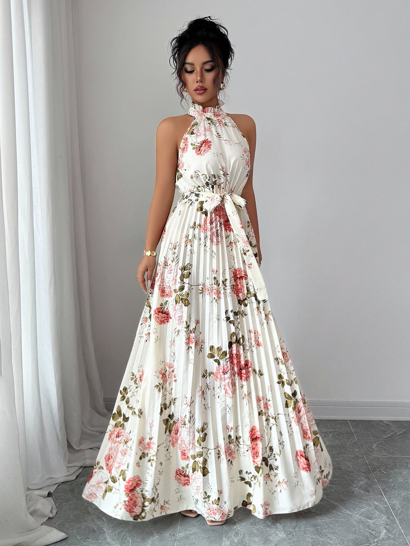 Beige Floral Halter Pleated Maxi Dress
