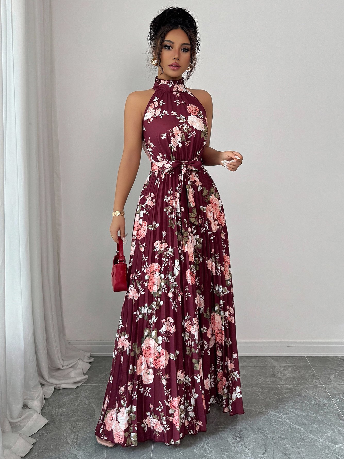 Burgundy Floral Halter Maxi Dress with Pleats