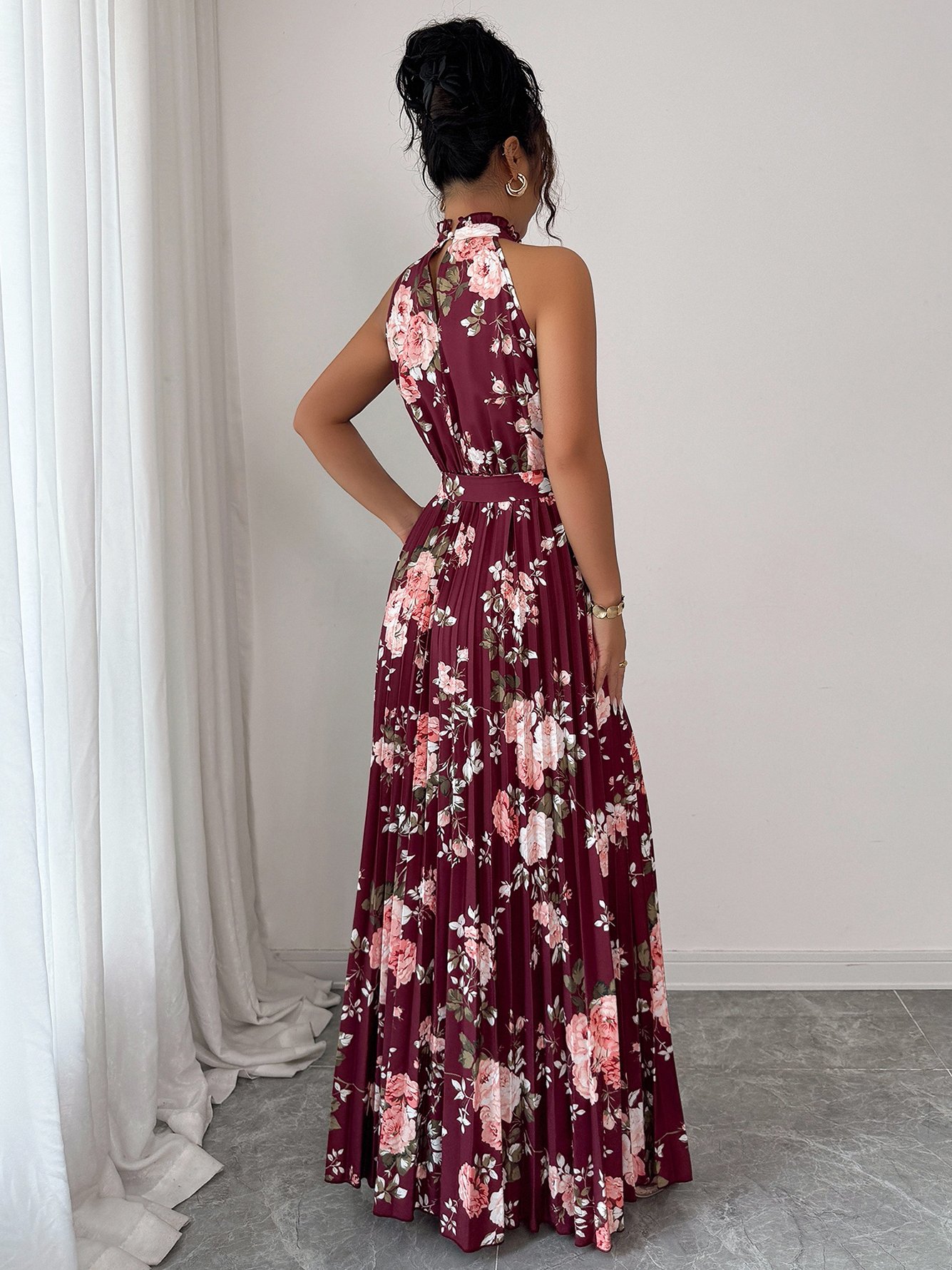 Burgundy Floral Halter Maxi Dress with Pleats