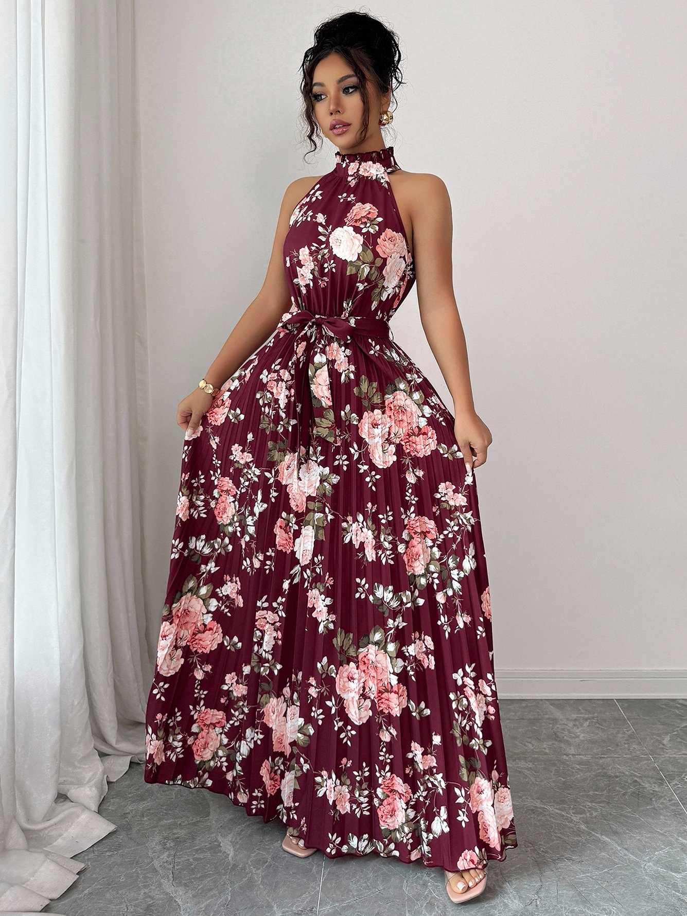 Burgundy Floral Halter Maxi Dress with Pleats