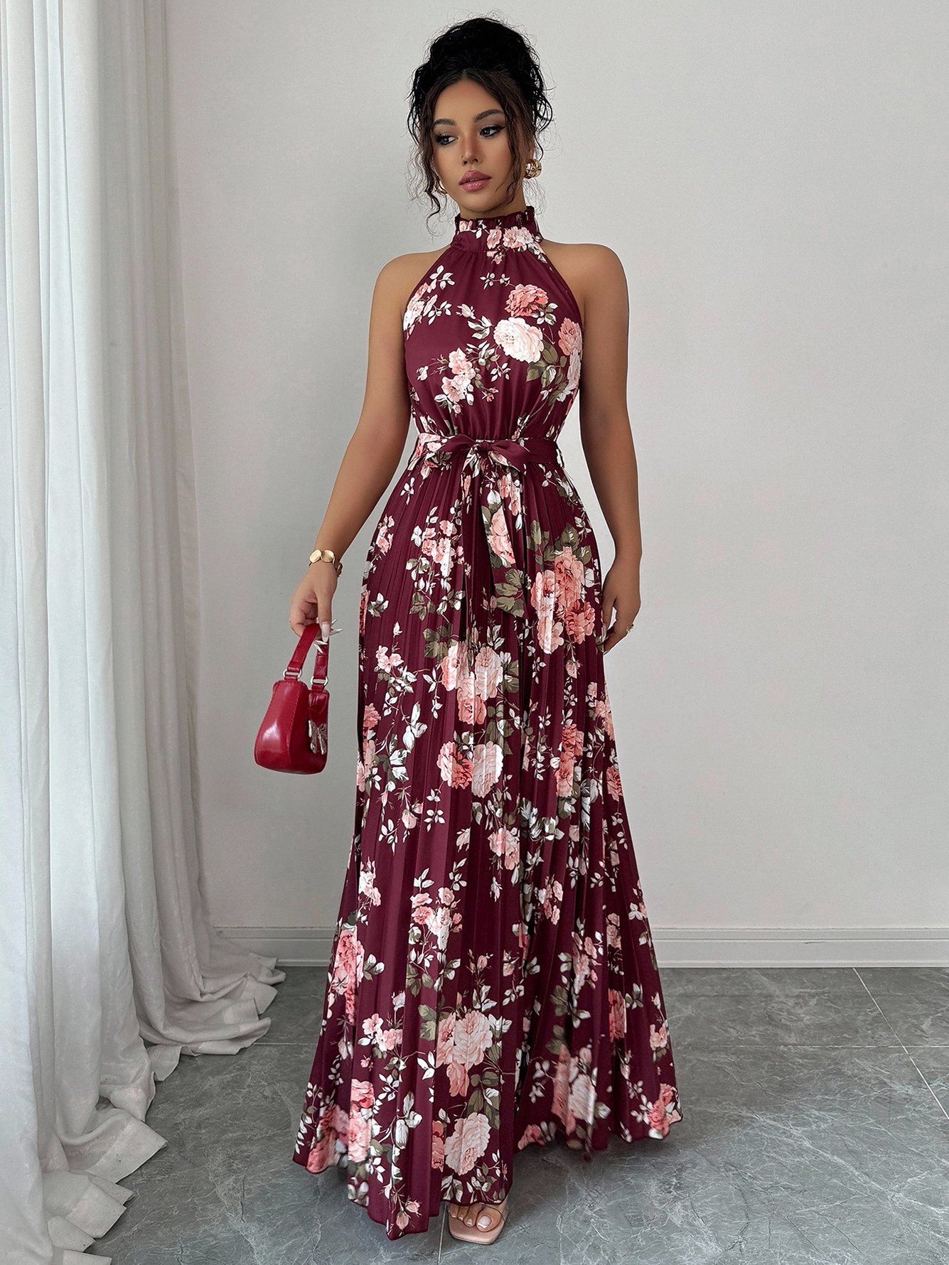 Burgundy Floral Halter Maxi Dress with Pleats