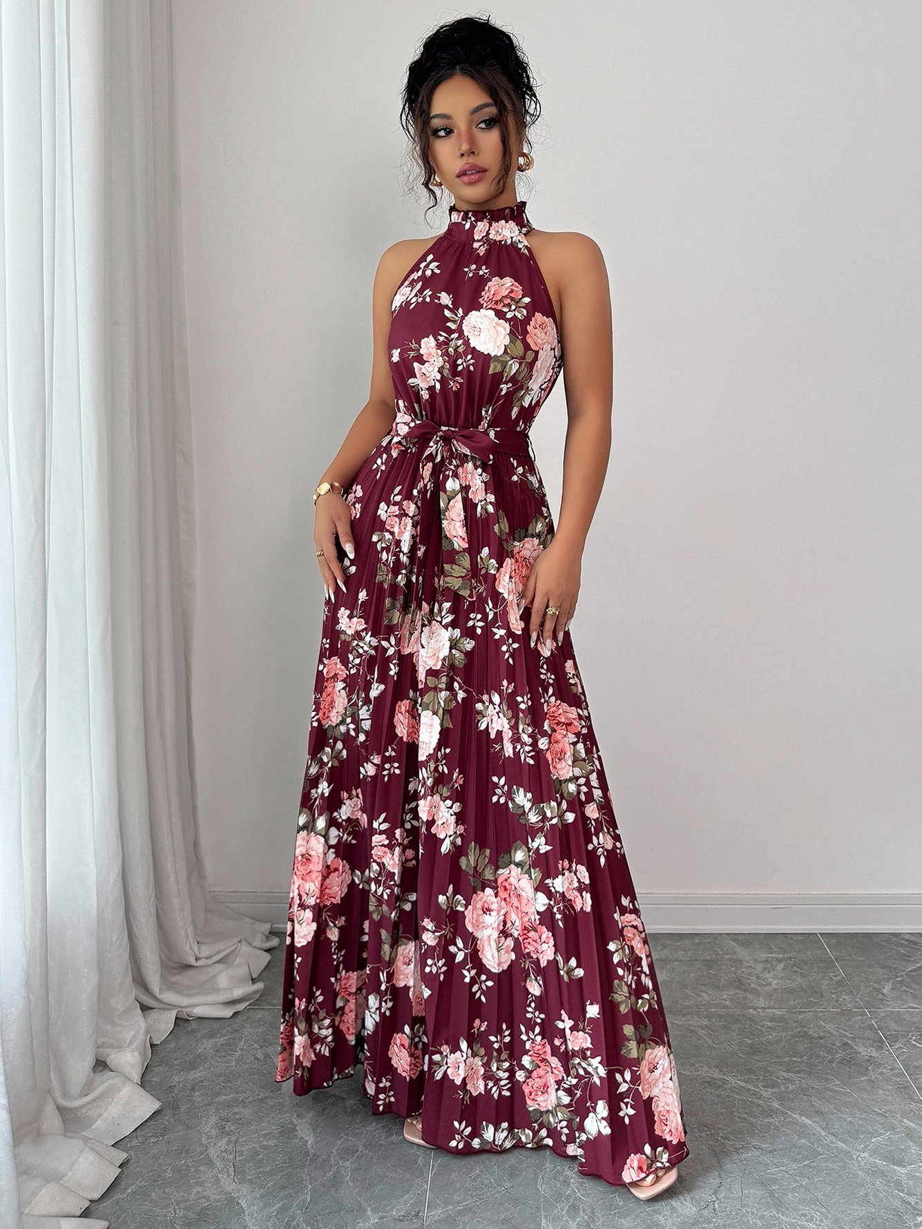 Burgundy Floral Halter Maxi Dress with Pleats
