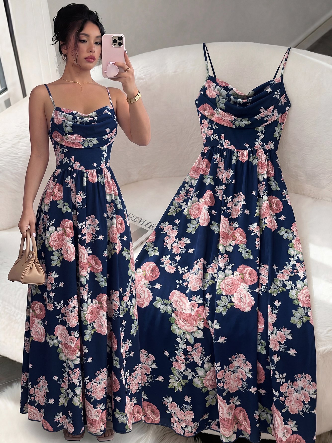 Navy Floral Maxi Dress with Draped Neckline