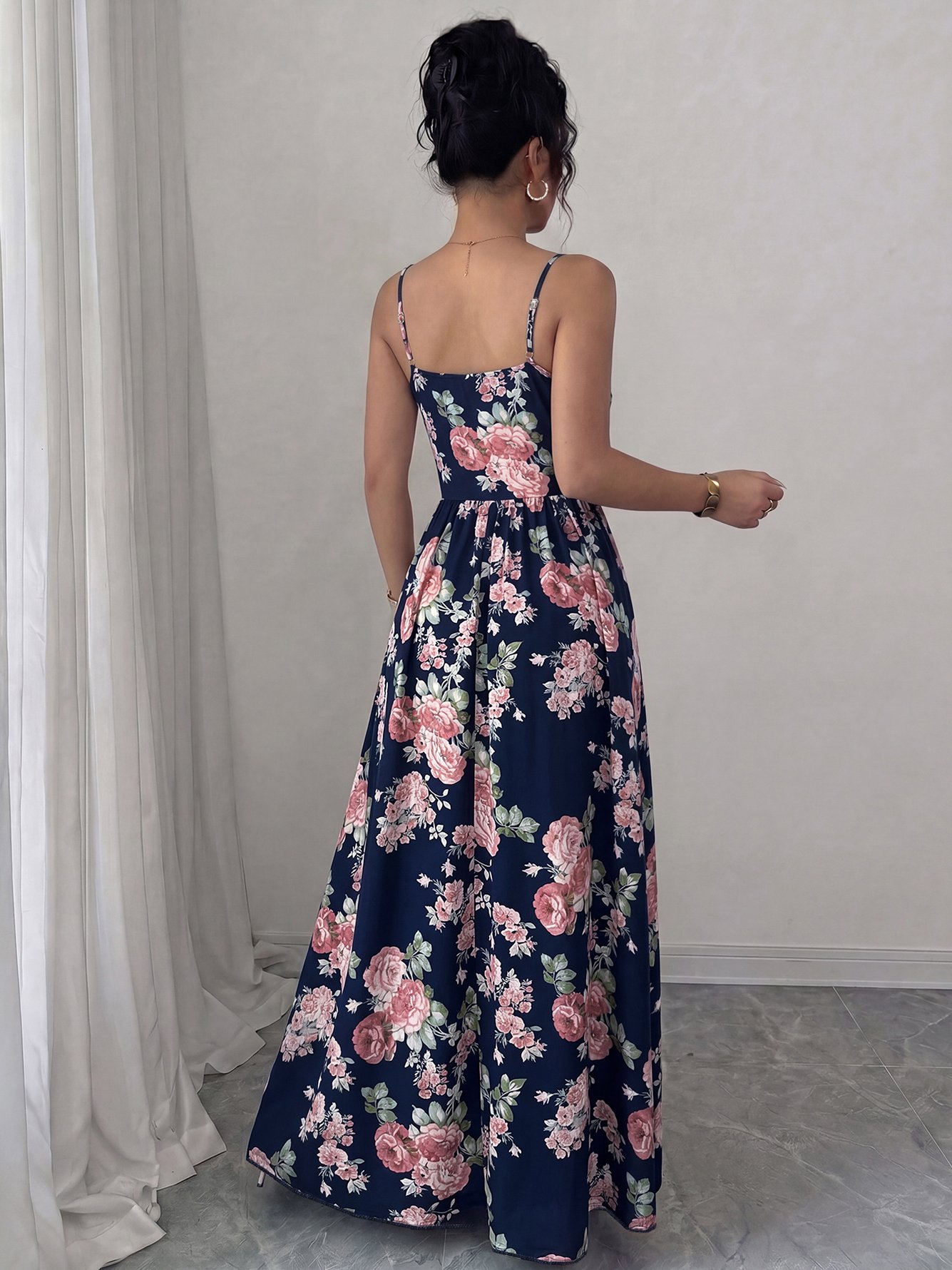 Navy Floral Maxi Dress with Draped Neckline