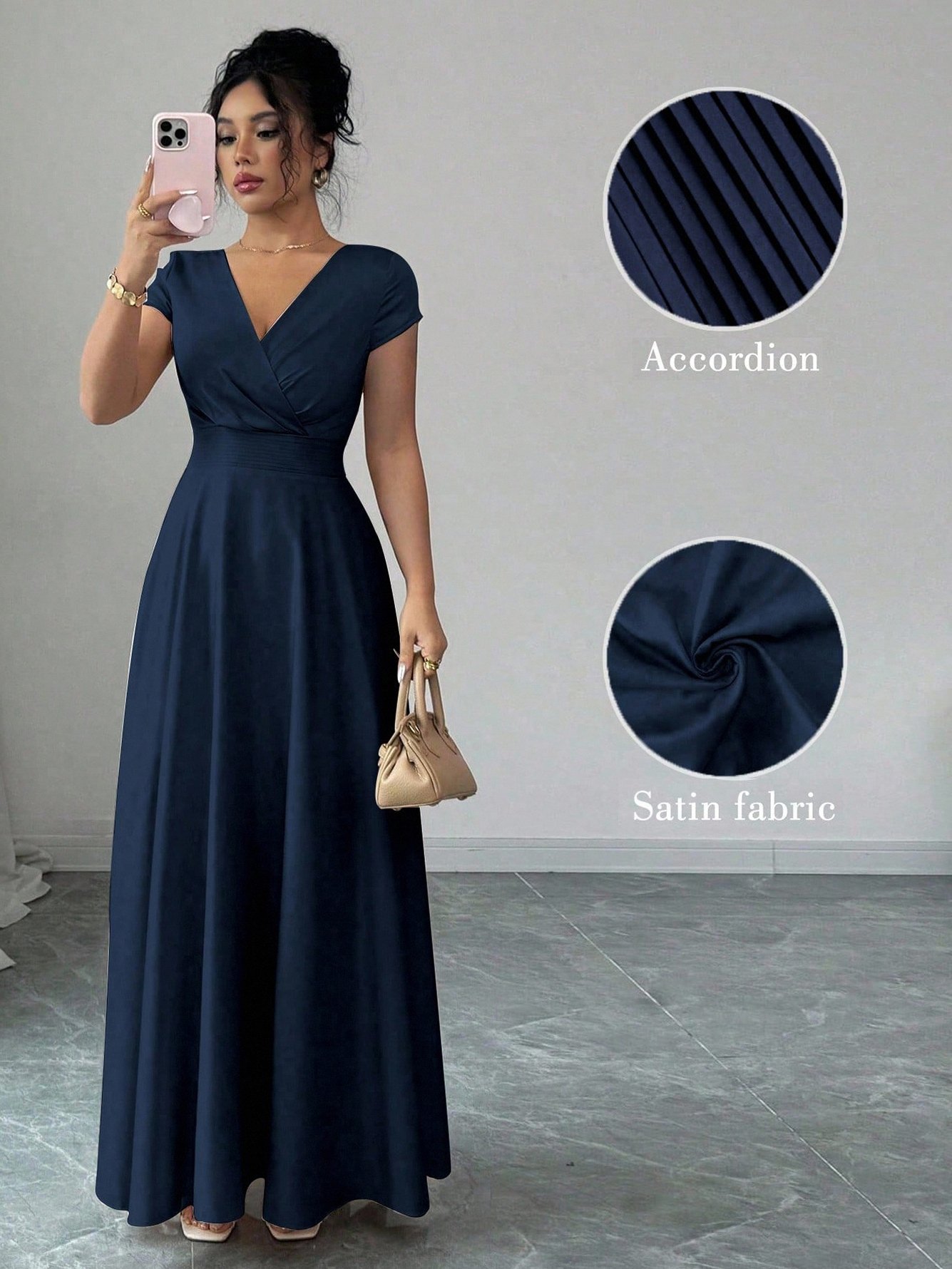 Navy Blue V-Neck Maxi Dress with Cap Sleeves